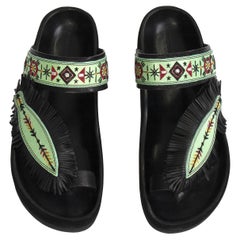 Isabel Marant ‘Ebann’ Slide Sandals - Black Fringed Leather - Embroidered - NEW