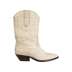 Isabel Marant Ecru Leather Distressed Effect Embroidered Cowboy Boots Size EU 36