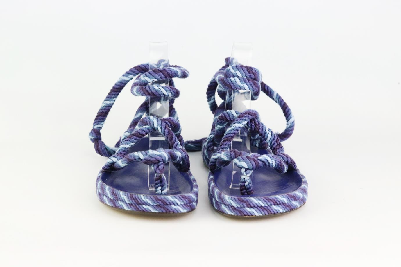 These ‘Erol’ sandals by Isabel Marant made from cotton that's dyed inky shades of blue and wrap artfully around your ankles, the molded leather footbeds make them comfortable enough to wear all day. Heel measures approximately 19 mm/ 0.75 inches.