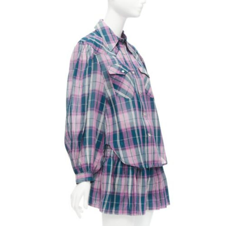 Gray ISABEL MARANT ETOILE Bethany purple cotton check top FR34 XS shorts FR36 S set For Sale