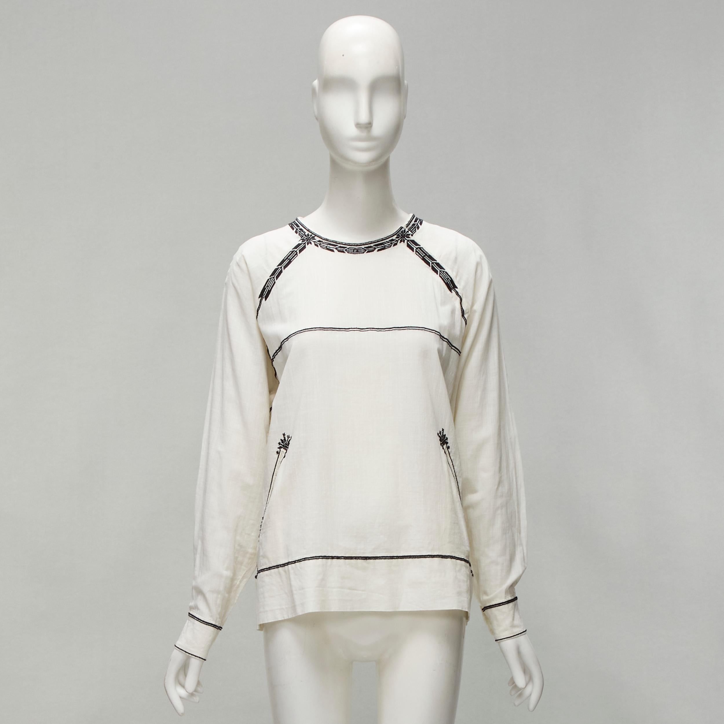 ISABEL MARANT ETOILE black embroidery cream cotton pocketed boho top FR36 S For Sale 8