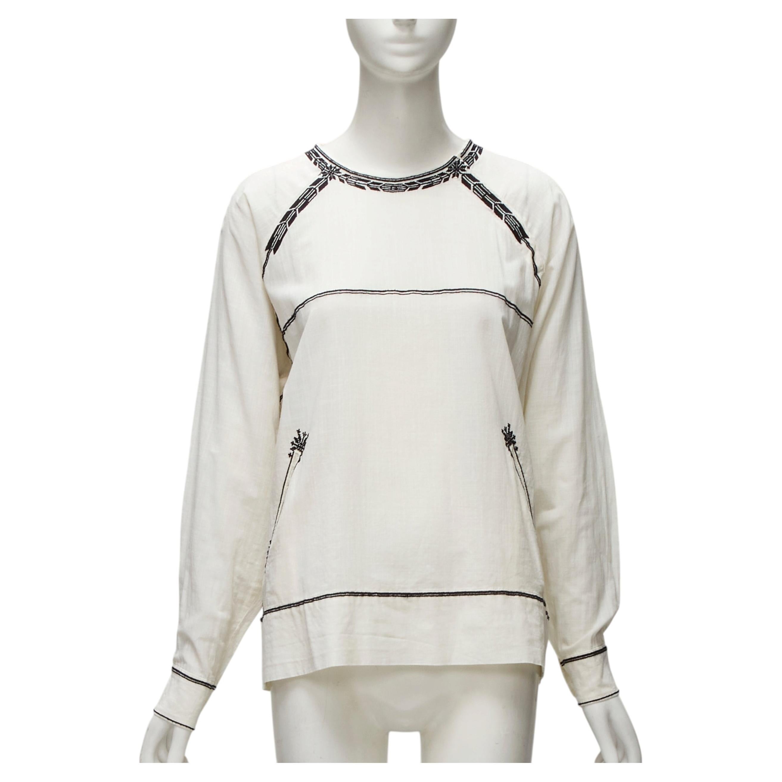 ISABEL MARANT ETOILE top in cotone nero ricamato crema con tasca boho FR36 S in vendita