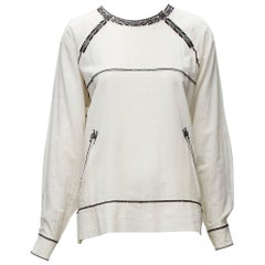ISABEL MARANT ETOILE black embroidery cream cotton pocketed boho top FR36 S