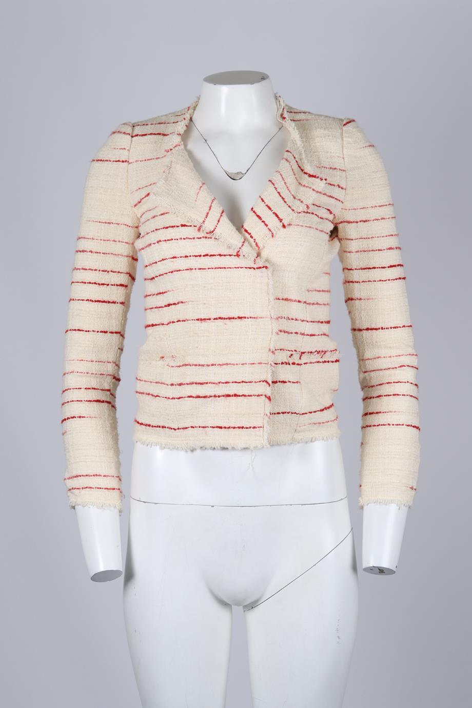 Isabel Marant Étoile Cotton Blend Tweed Jacket. Red and cream. Long Sleeve. Crewneck. Hook and eye fastening - front. 59% Cotton, 29% acrylic, 9% polyester, 2% polyamide, 1% elastane. FR 34 (UK 6, US 2, IT 38). Shoulder to shoulder: 12.2 in. Bust: