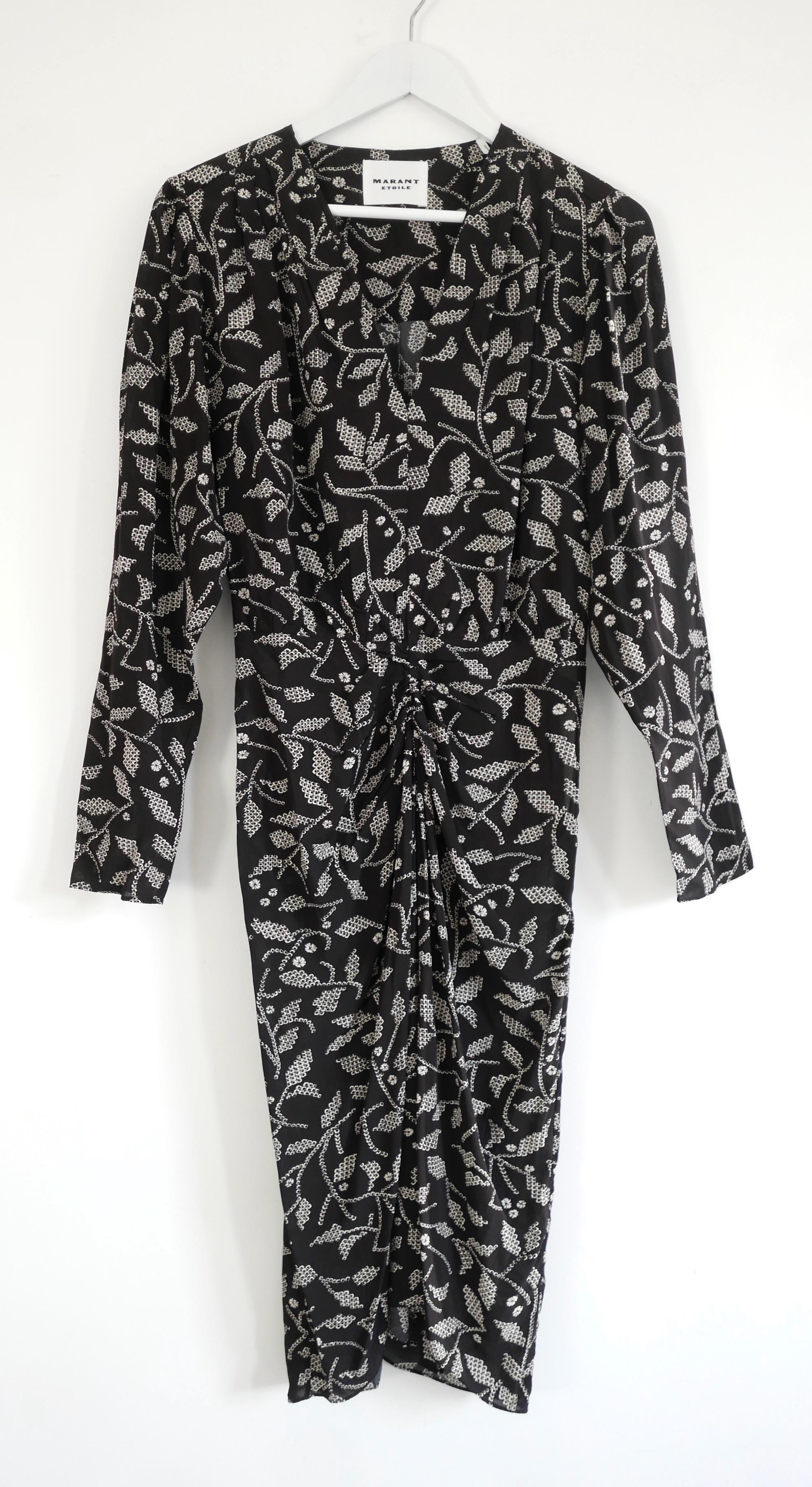 Coolest Isabel Marant Etoile Danalia dress - bought for £595 and unworn. Made from black silk with a woodcut inspired leaf print, it has a soft cut through the bust with v neckline and draped front detail. Has side zip. Size FR36/UK8. Measures