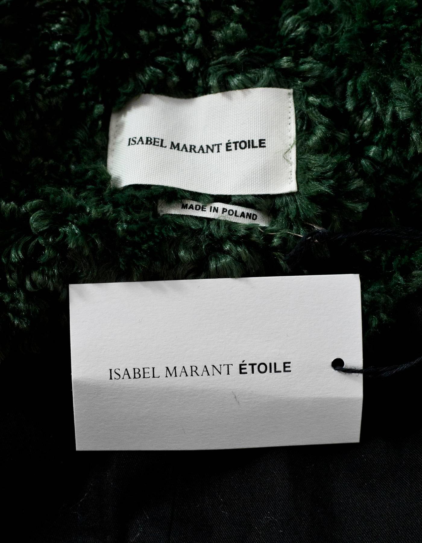 Isabel Marant Etoile Green Faux Fur Adams Coat Sz FR 42 NWT

Made In: Poland
Color: Green
Composition: 100% Polyester
Lining: Black cotton
Closure/Opening: Front button closure
Exterior Pockets: Hidden slit pockets
Interior Pockets: None
Overall