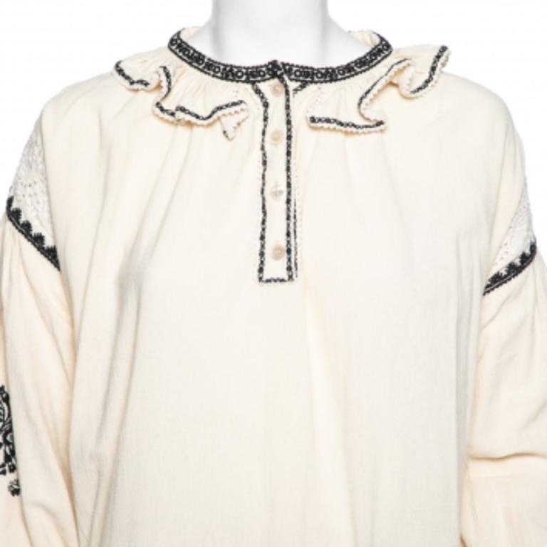 Isabel Marant Etoile Off White Top oversize à volants brodés S.S. White Bon état - En vente à Dubai, Al Qouz 2