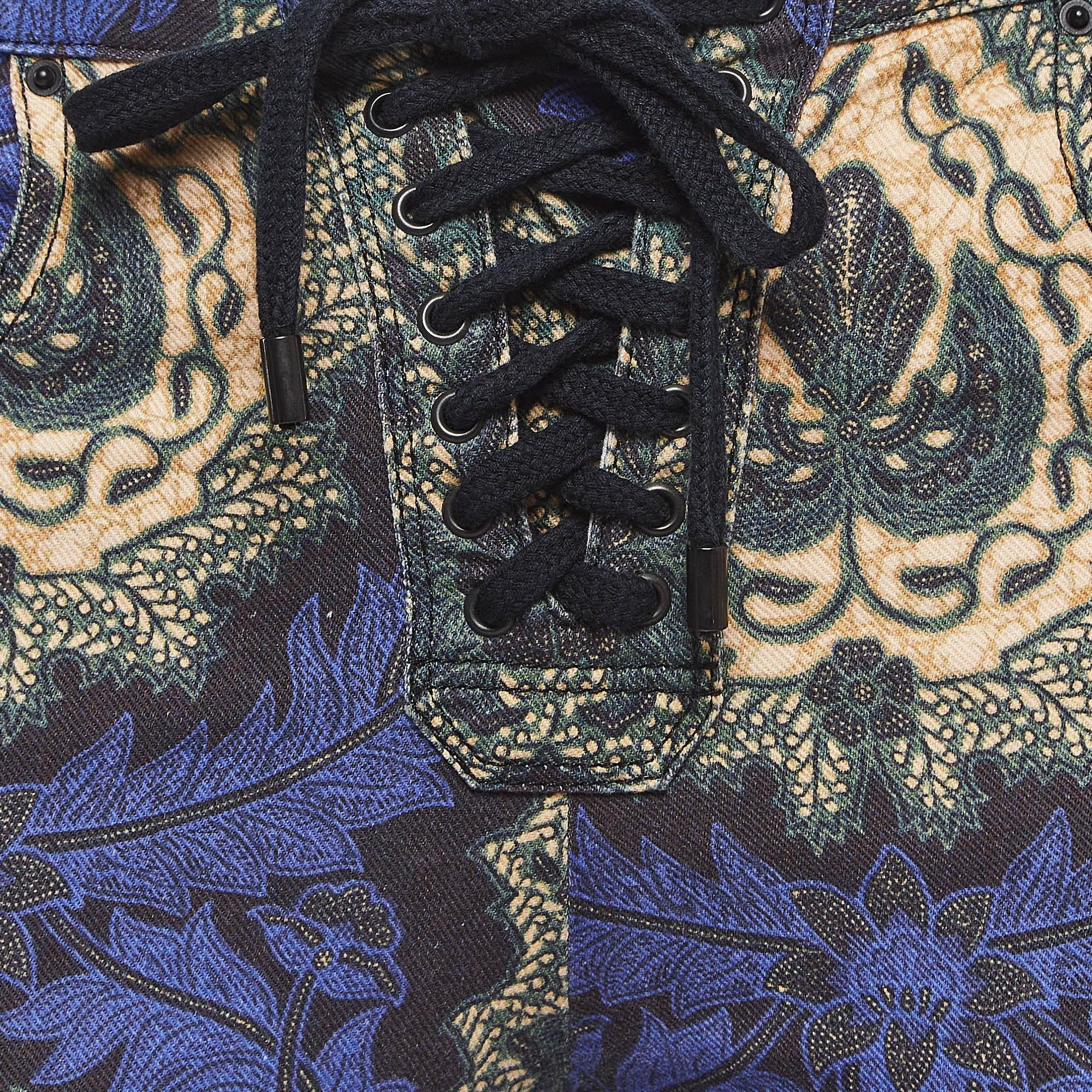 Black Isabel Marant Etoile Purple Floral Print Cotton Twill Lace-Up Trousers S For Sale