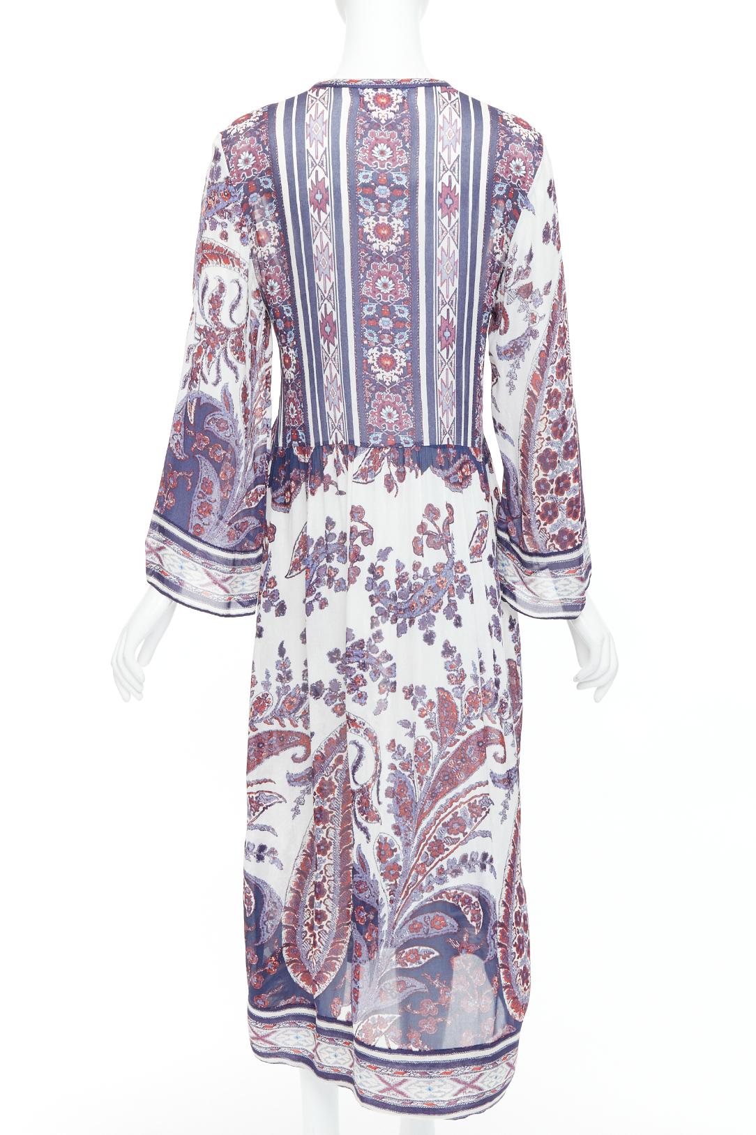 ISABEL MARANT ETOILE Tilda marineblaues, weißes, durchsichtiges Kaftankleid mit Boho-Druck Gr. 1 im Angebot 1