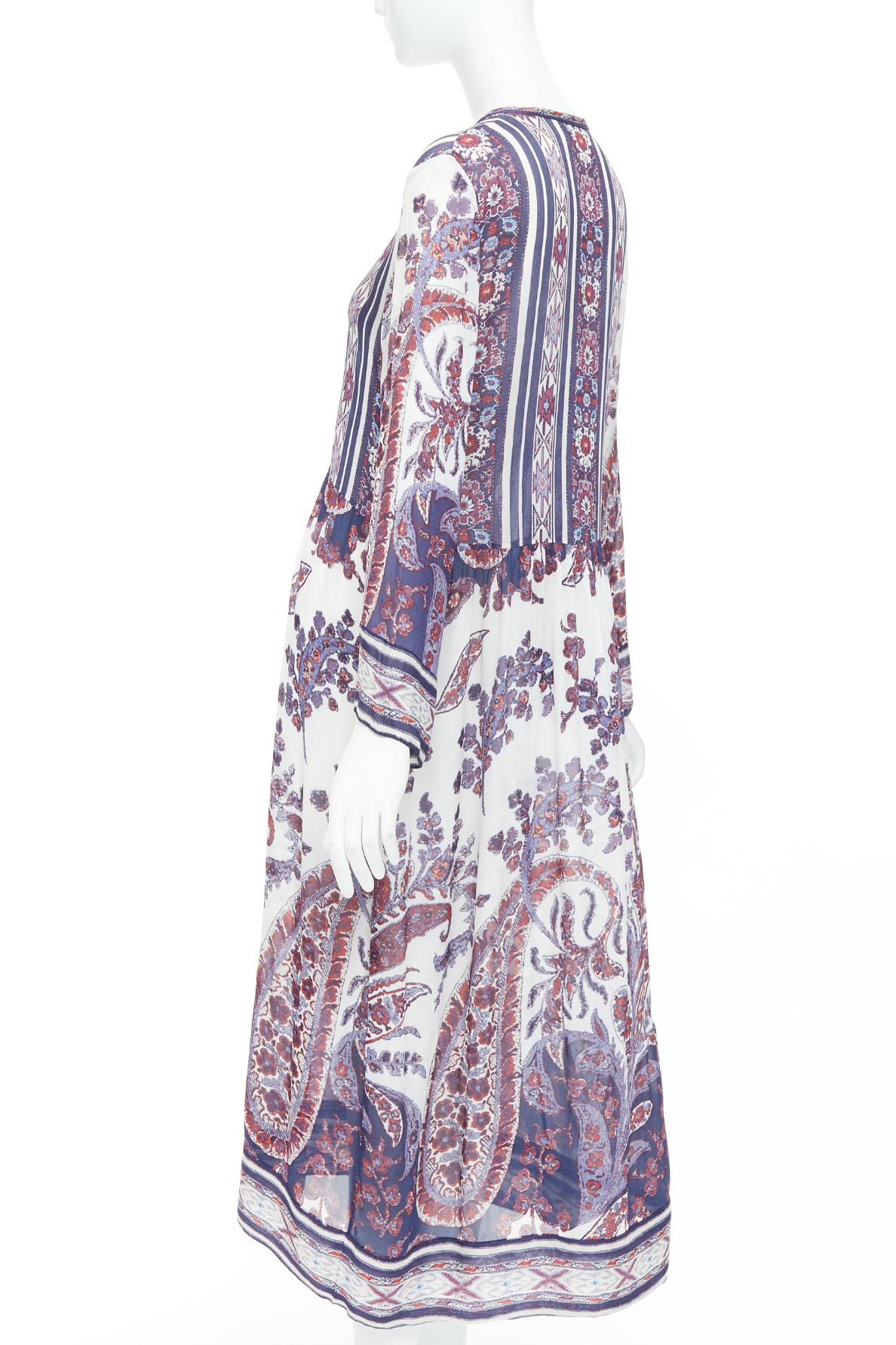 ISABEL MARANT ETOILE Tilda, abito caftano in tessuto trasparente con stampa boho, bianco e blu, Sz1 in vendita 2