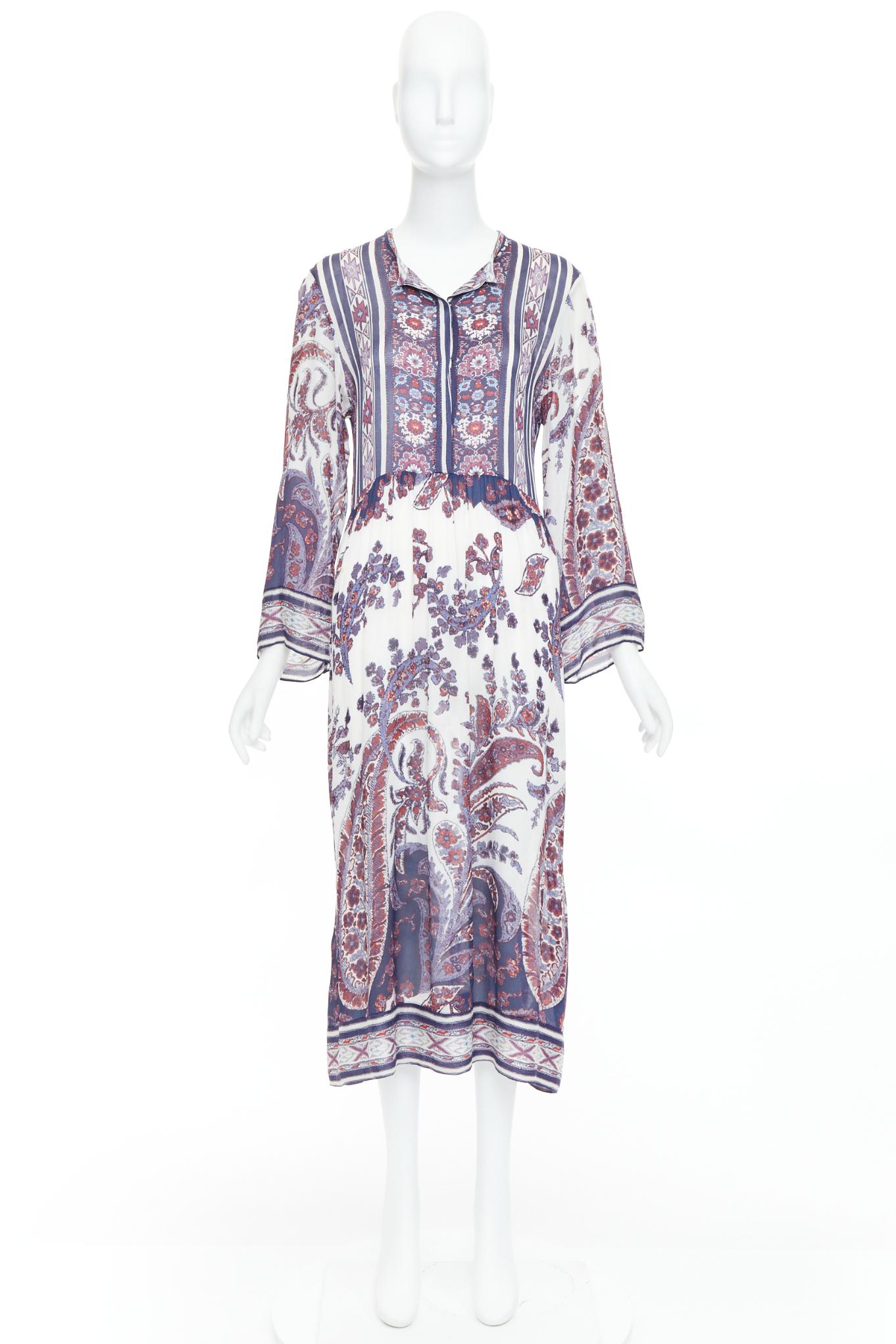 ISABEL MARANT ETOILE Tilda marineblaues, weißes, durchsichtiges Kaftankleid mit Boho-Druck Gr. 1 im Angebot 5