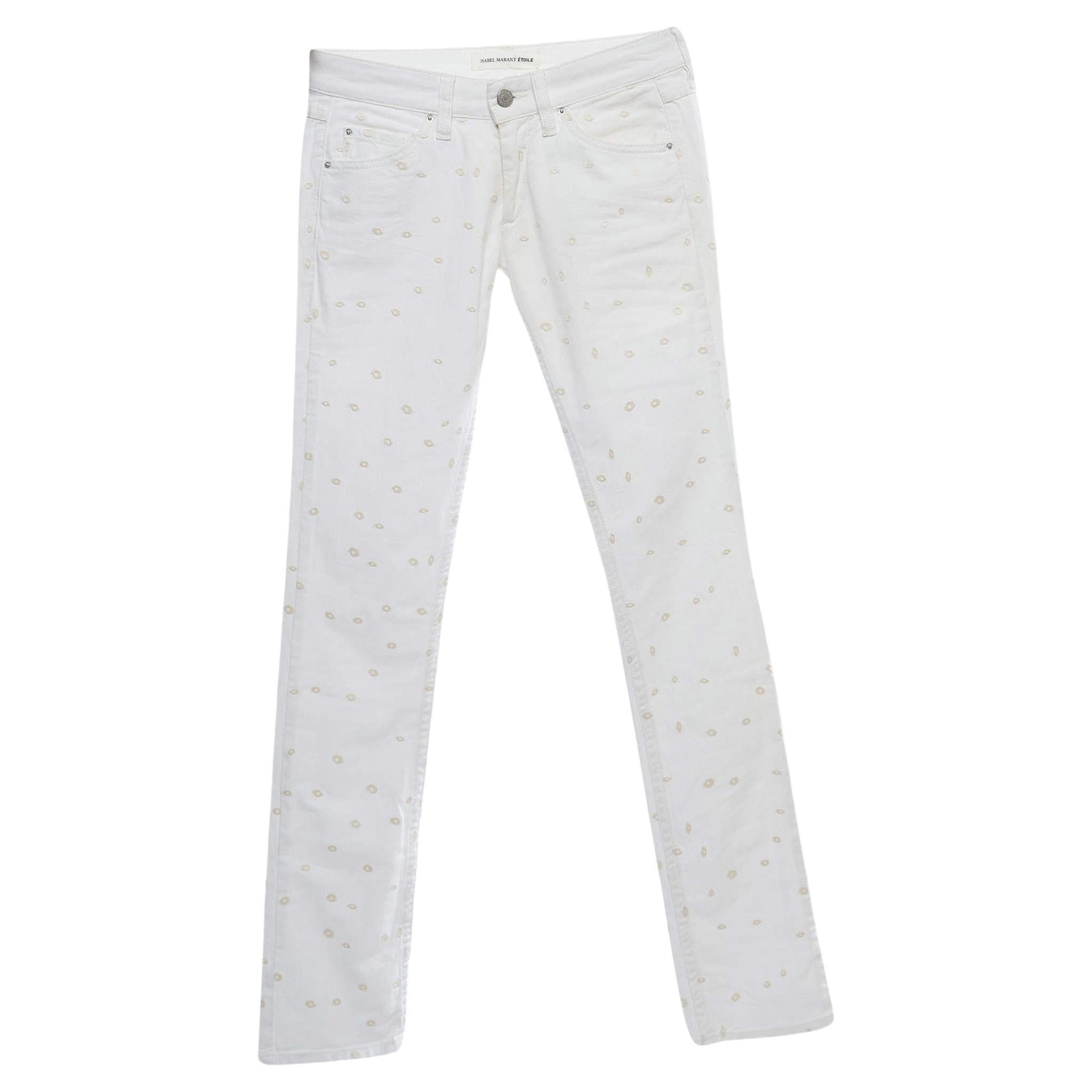Isabel Marant Etoile White Embroidered Denim Slim Fit Jeans S For Sale