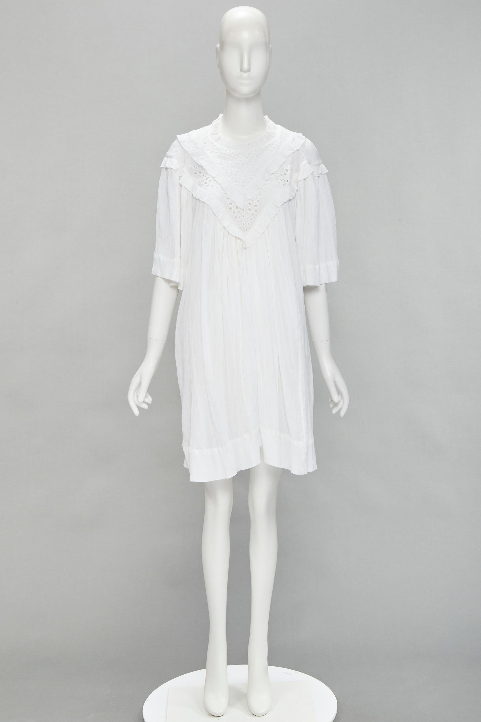 ISABEL MARANT ETOILE white viscose eyelet ruffle collar boho dress FR40 M For Sale 5