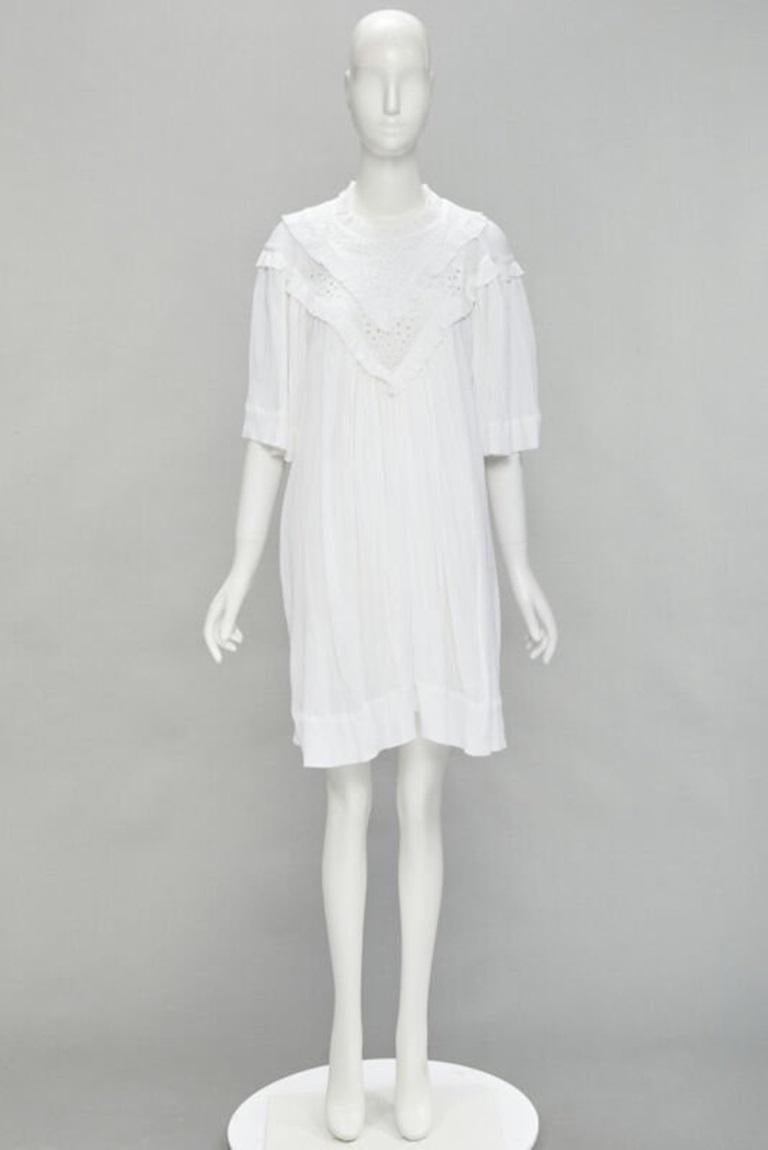 ISABEL MARANT ETOILE white viscose eyelet ruffle collar boho dress FR40 M For Sale 6