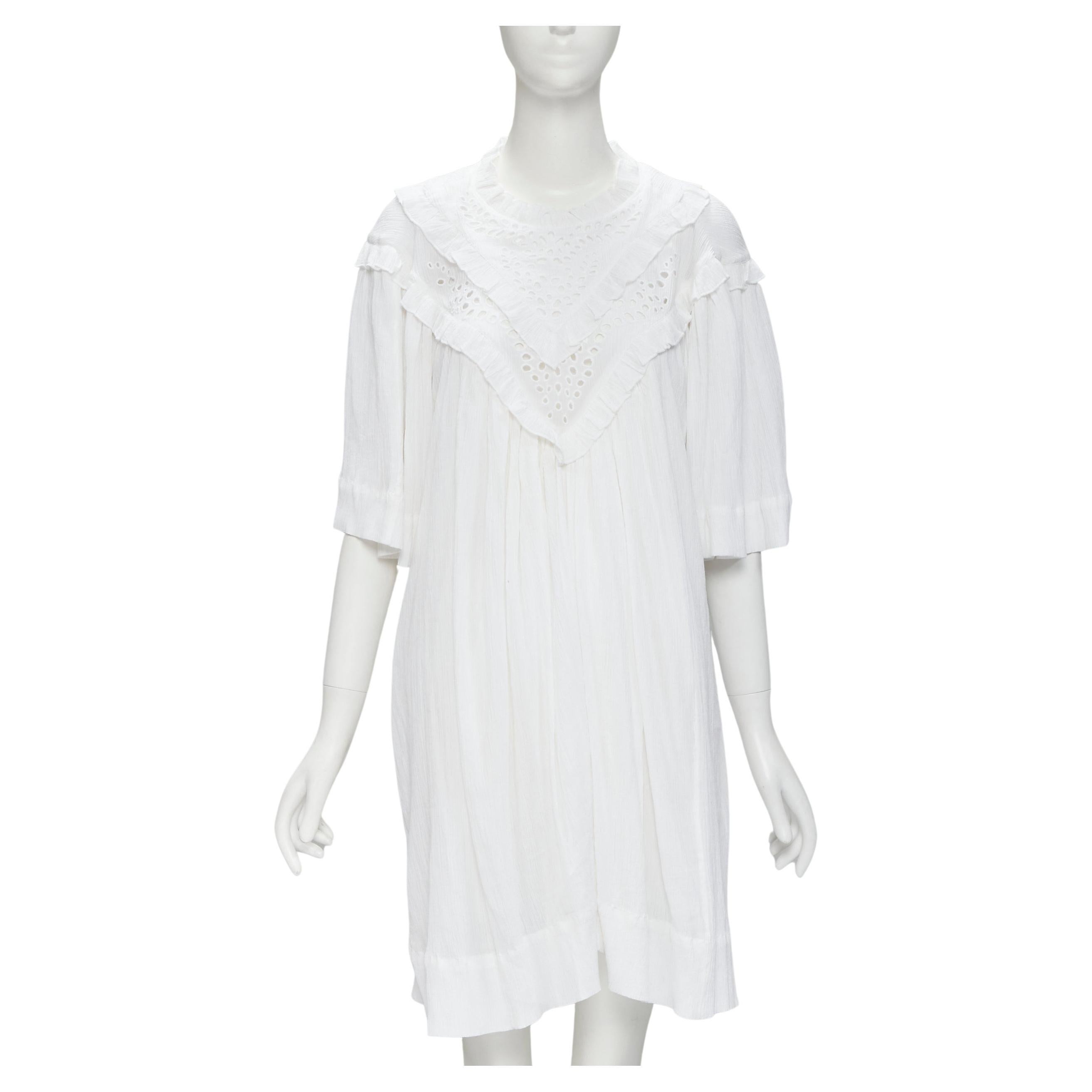 ISABEL MARANT ETOILE white viscose eyelet ruffle collar boho dress FR40 M For Sale