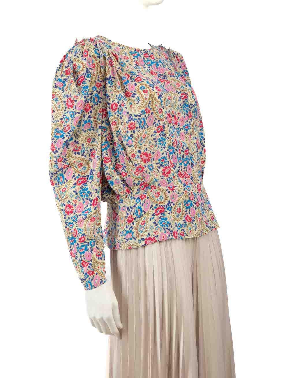 CONDITION is Very good. Hardly any visible wear to top is evident on this used Isabel Marant designer resale item.
 
 
 
 Details
 
 
 Multicolour- pink, blue
 
 Silk
 
 Top
 
 Floral and paisley print
 
 Long sleeves
 
 Round neck
 
 Buttoned