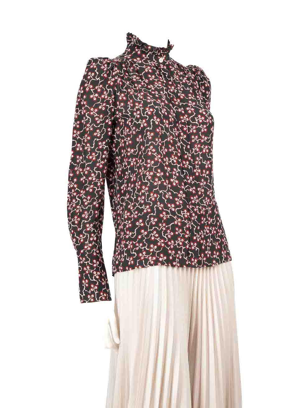 CONDITION is Very good. Hardly any visible wear to the blouse is evident on this used Isabel Marant designer resale item.
 
 
 
 Details
 
 
 Multicolour- black, white, burgundy
 
 Silk
 
 Blouse
 
 Floral pattern
 
 Ruffle trim
 
 Button up