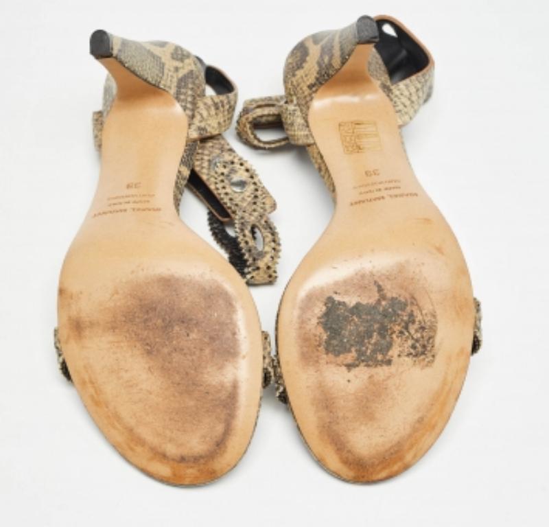 Marron Isabel Marant Green/Beige Snakeskin Embossed Leather Ankle Strap Sandals Size 39 (Sandales en cuir gaufré) en vente