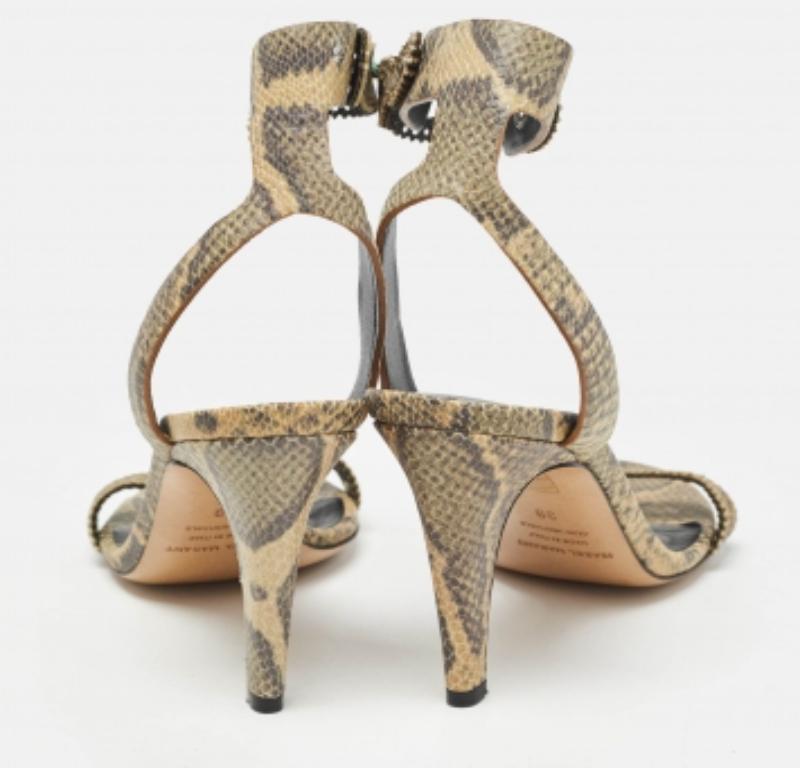 Isabel Marant Green/Beige Snakeskin Embossed Leather Ankle Strap Sandals Size 39 (Sandales en cuir gaufré) Bon état - En vente à Dubai, Al Qouz 2