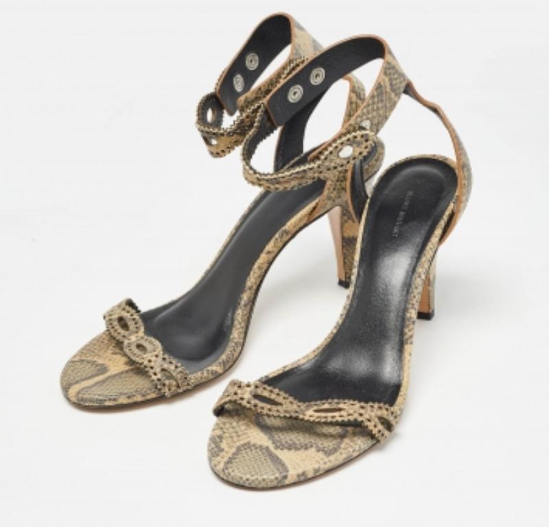 Isabel Marant Green/Beige Snakeskin Embossed Leather Ankle Strap Sandals Size 39 (Sandales en cuir gaufré) en vente 2