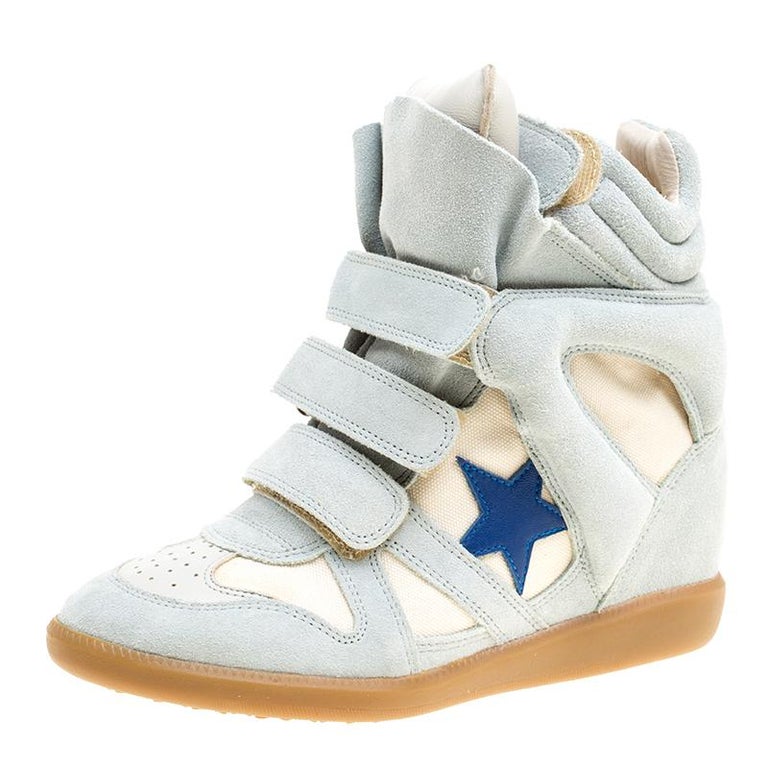 Isabel Marant Grey/Beige Suede and Canvas Bayley Star Wedge Sneakers Size  37 For Sale at 1stDibs