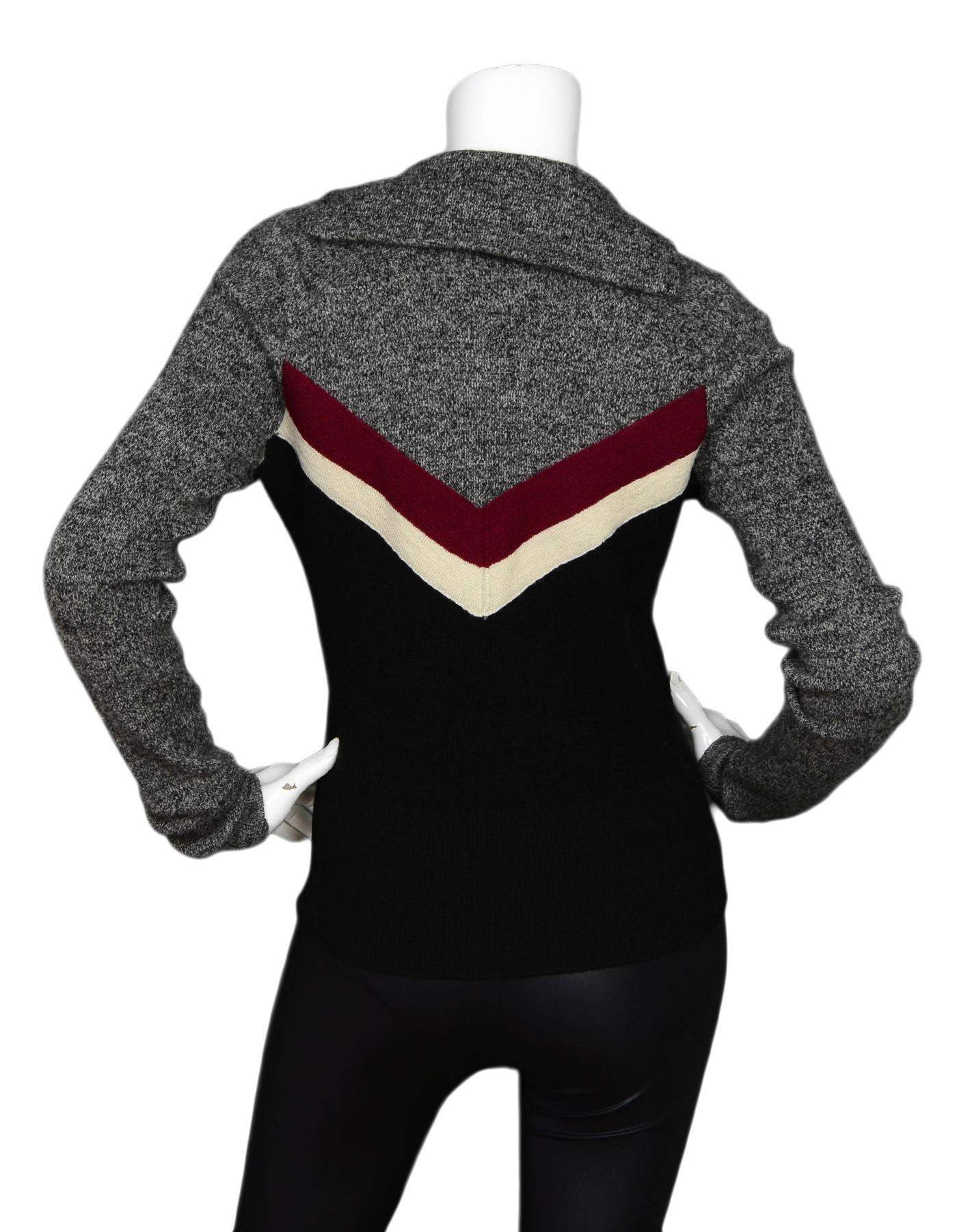 Black Isabel Marant Grey/Green Wool Zip Front Long Sleeve Sweater W/ Chevron Sz 38