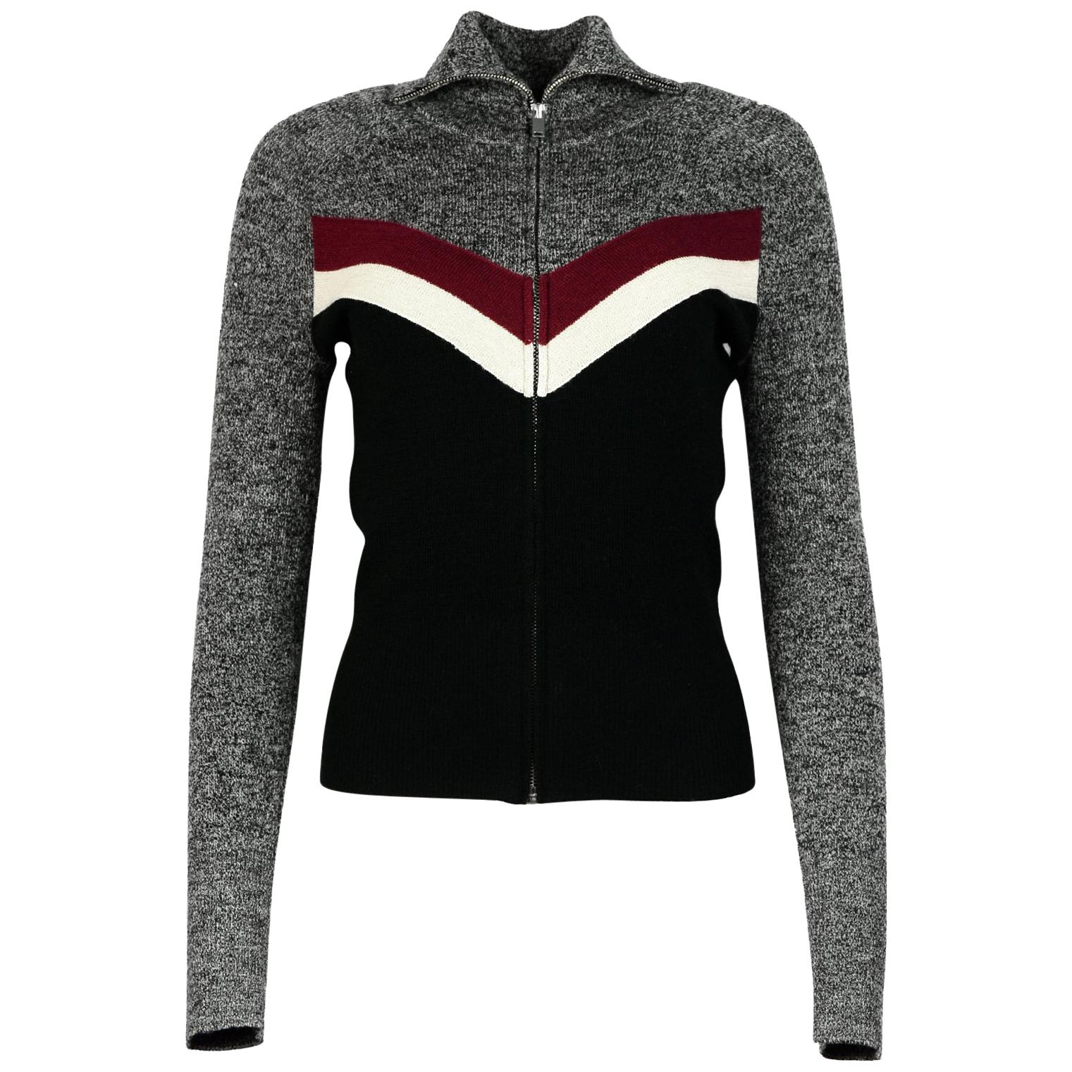 Isabel Marant Grey/Green Wool Zip Front Long Sleeve Sweater W/ Chevron Sz 38