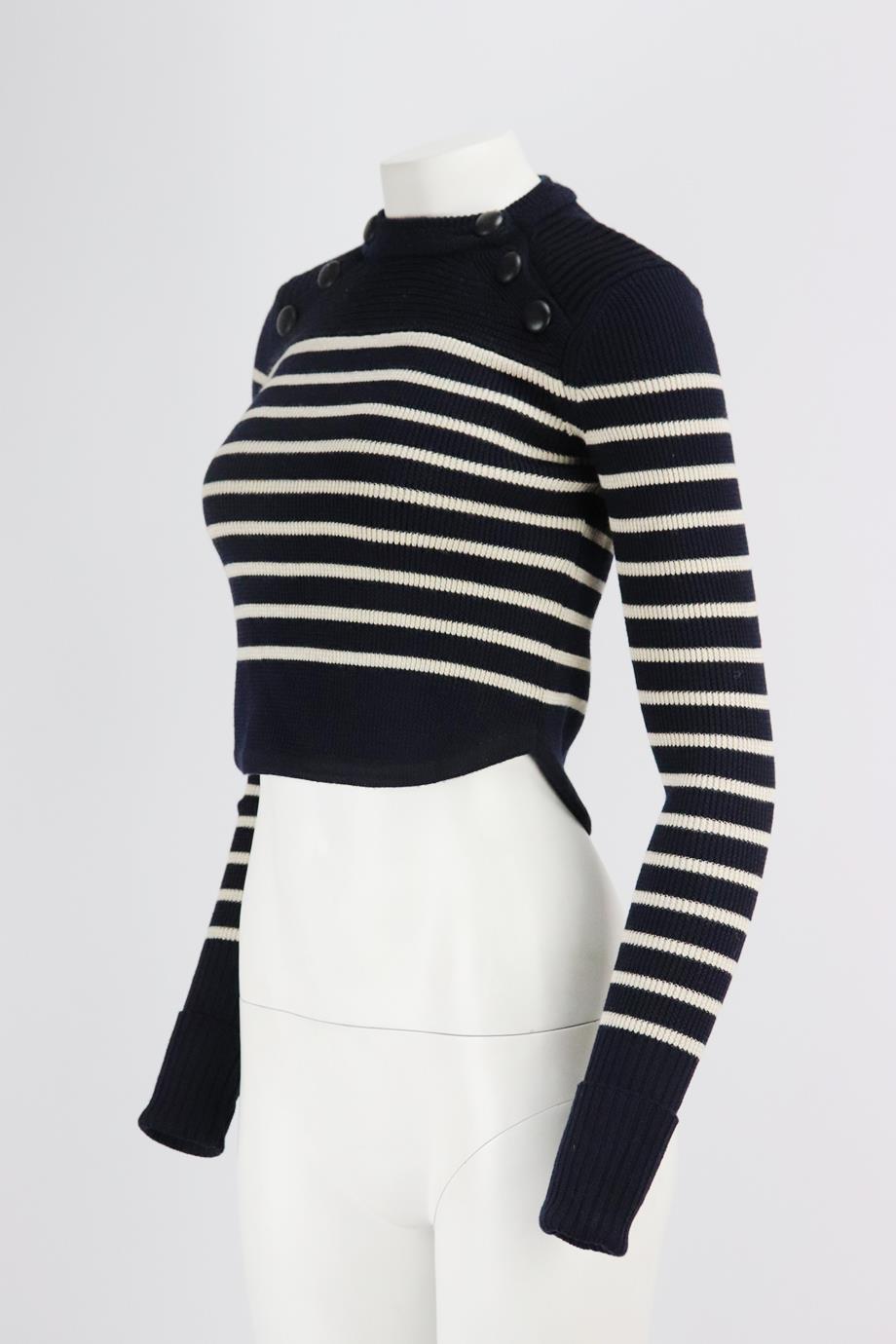 This 'Hatfield' sweater by Isabel Marant from the Fall '15 runway is crafted from extra-fine merino wool-blend for unrivalled softness, this navy and beige piece is knitted with classic Breton stripes and finished with black buttons that flatter