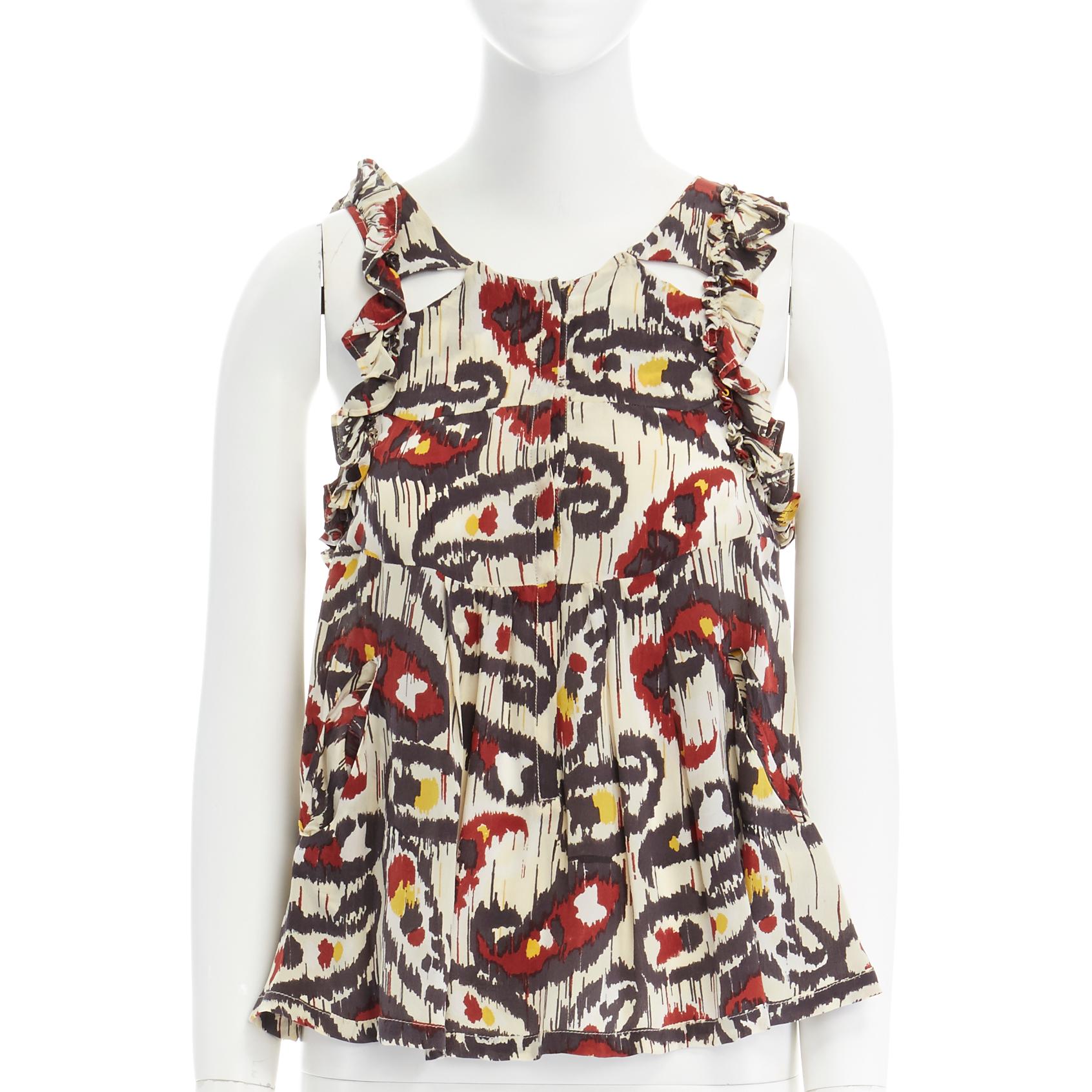 ISABEL MARANT Ikat cream ethnic print silk ruffle cut-out top FR34 XS US2 UK6 For Sale 6
