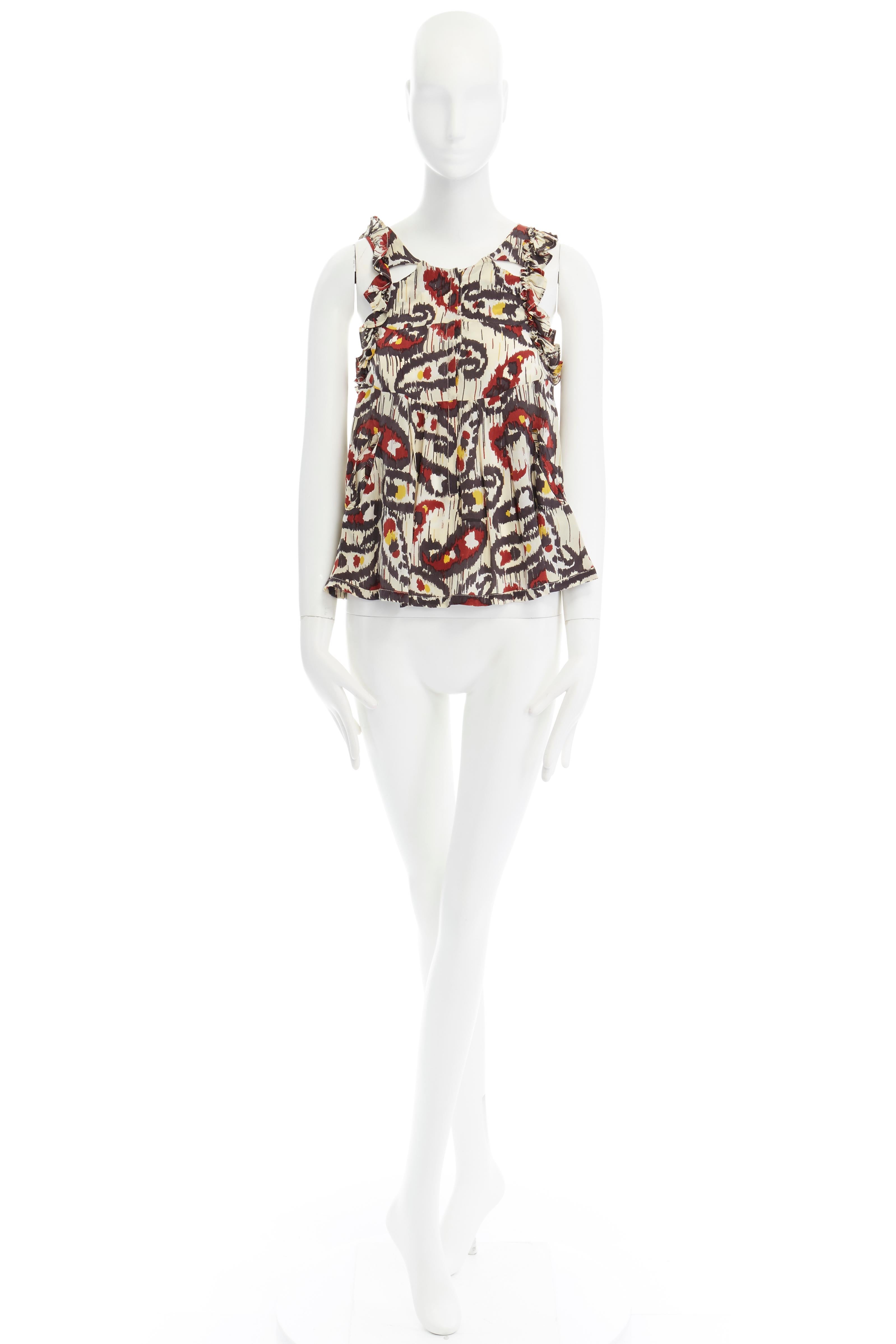 ISABEL MARANT Ikat cream ethnic print silk ruffle cut-out top FR34 XS US2 UK6 For Sale 7