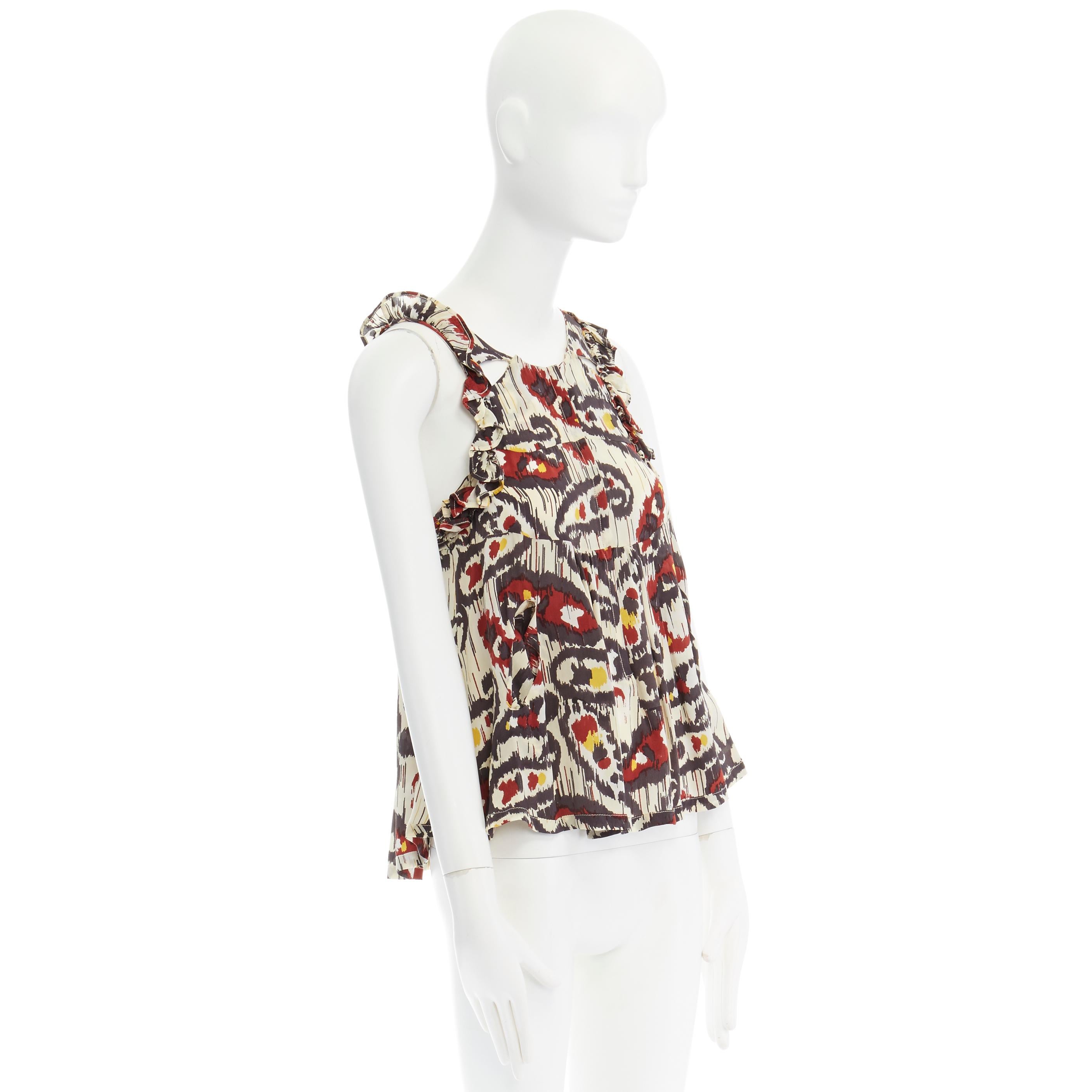 ISABEL MARANT Ikat cream ethnic print silk ruffle cut-out top FR34 XS US2 UK6
Reference: TGAS/A00034
Brand: Isabel Marant
Designer: Isabel Marant
Material: Silk
Color: White, Red
Pattern: Other
Closure: Hook & Eye
Extra Details: White with ethnic