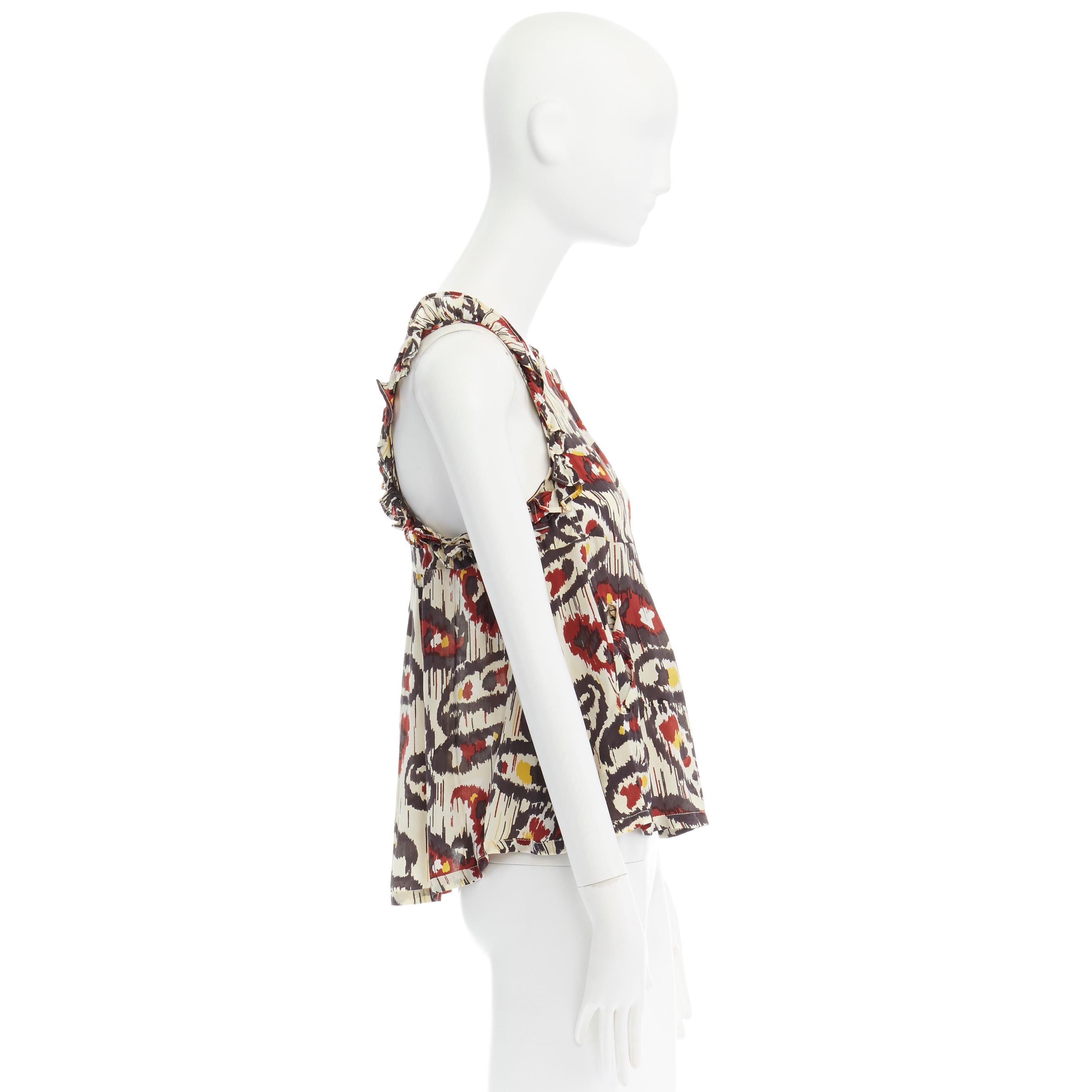 Brown ISABEL MARANT Ikat cream ethnic print silk ruffle cut-out top FR34 XS US2 UK6 For Sale
