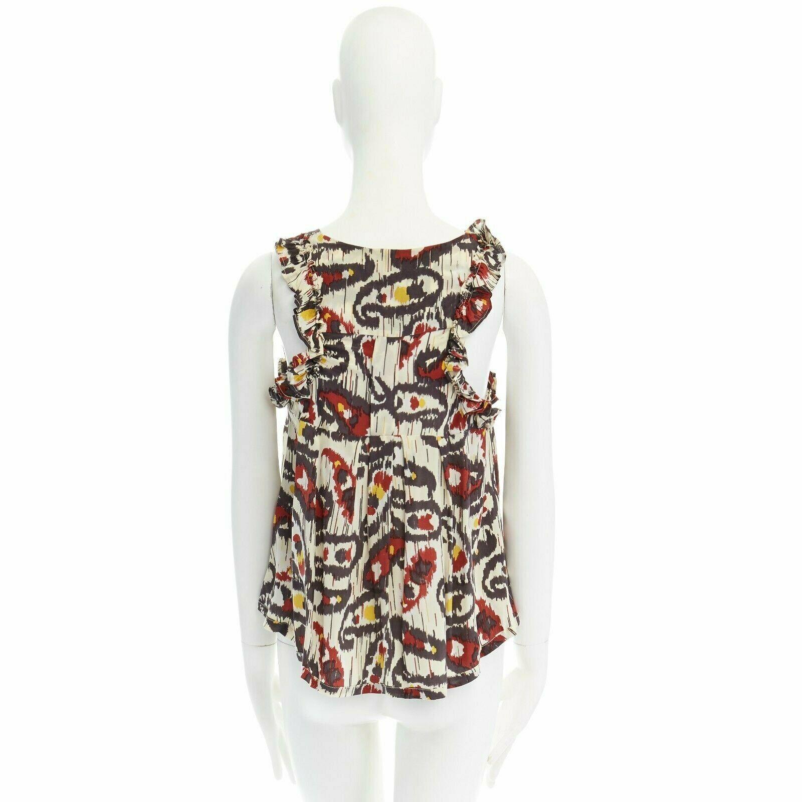 ISABEL MARANT Ikat cream ethnic print silk ruffle cut-out top FR34 XS US2 UK6 For Sale 1