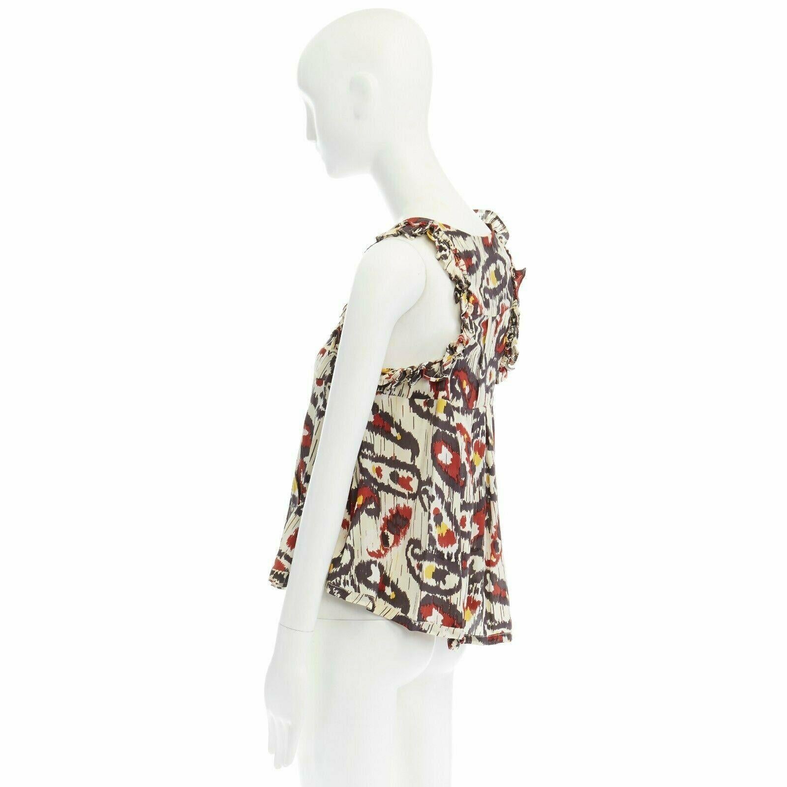 ISABEL MARANT Ikat cream ethnic print silk ruffle cut-out top FR34 XS US2 UK6 For Sale 2