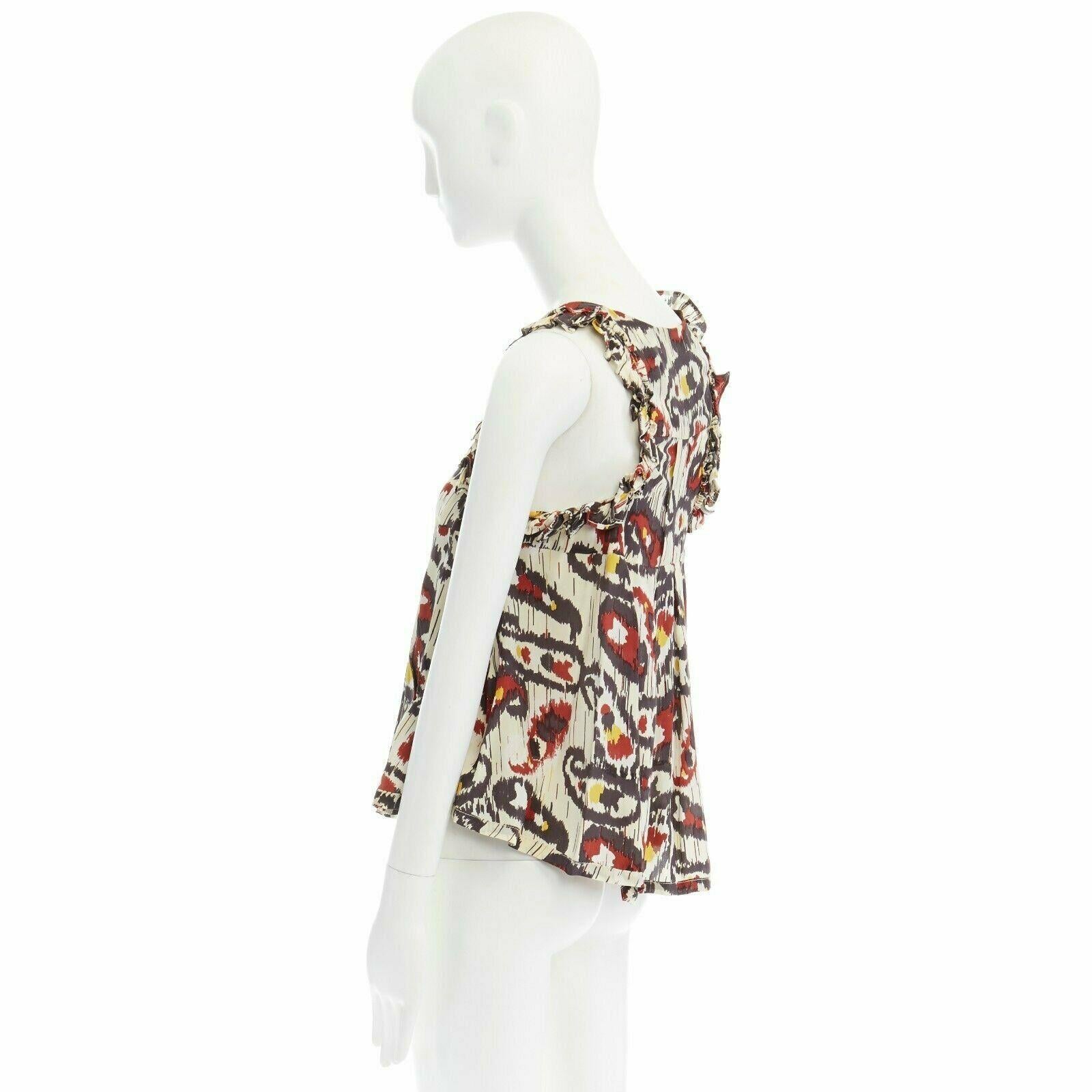 ISABEL MARANT Ikat cream ethnic print silk ruffle cut-out top FR34 XS US2 UK6 2