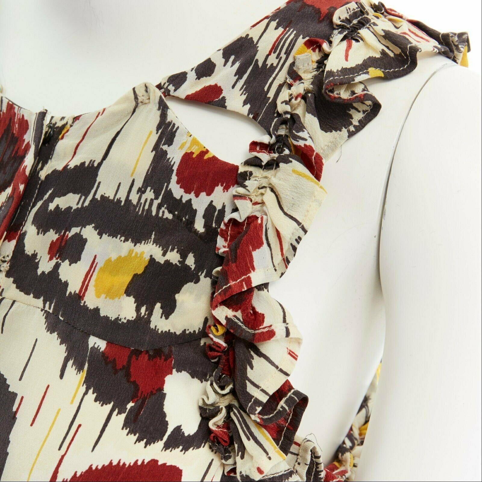 ISABEL MARANT Ikat cream ethnic print silk ruffle cut-out top FR34 XS US2 UK6 For Sale 3