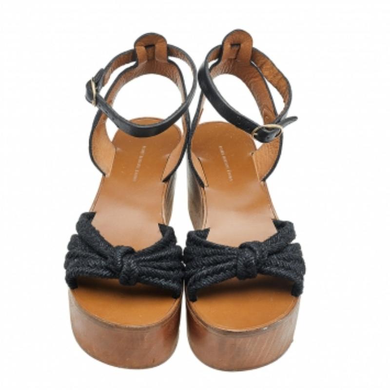 Marron Isabel Marant Jute & Leather Knotted Wedge Platform Ankle Strap Sandals Size 36 en vente
