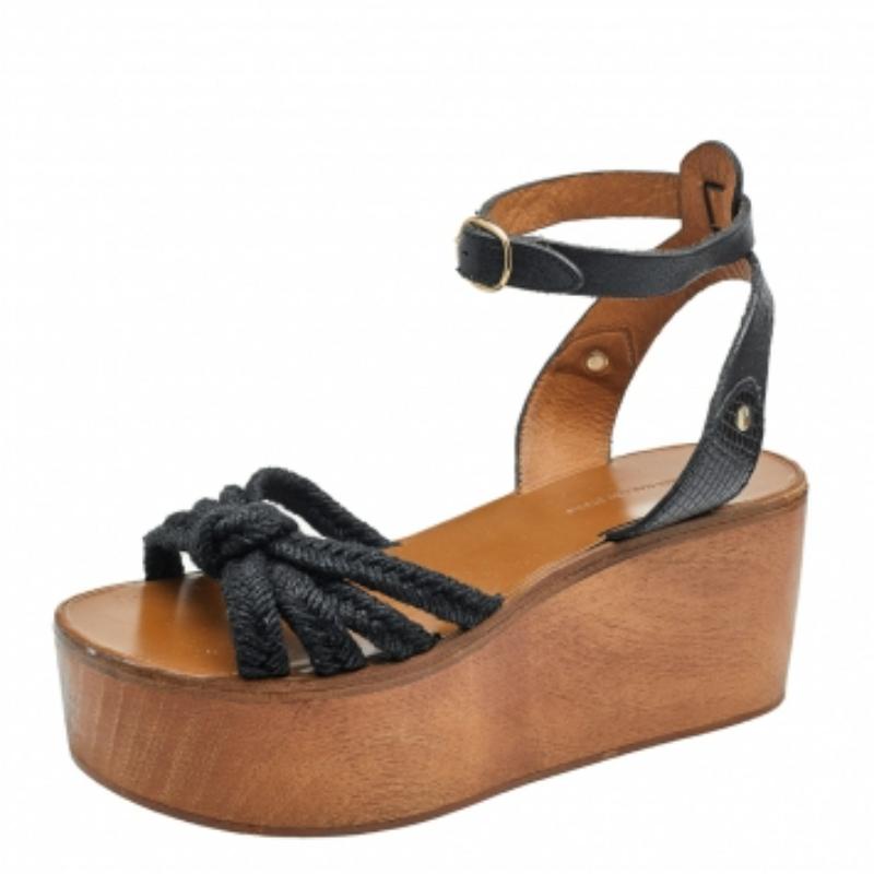 Isabel Marant Jute & Leather Knotted Wedge Platform Ankle Strap Sandals Size 36 Pour femmes en vente