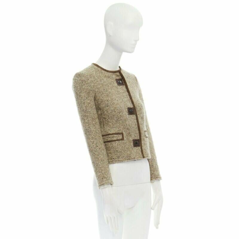 Women's ISABEL MARANT Kios brown virgin wool boucle suede trimmed twist lock jacket FR36 For Sale