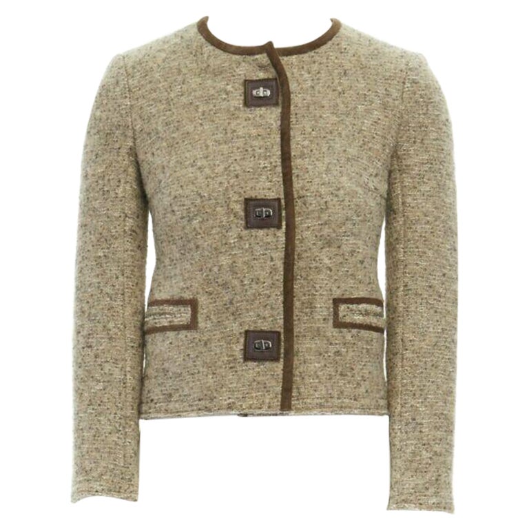 ISABEL MARANT Kios brown virgin wool boucle suede trimmed twist lock jacket FR36