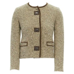 ISABEL MARANT Kios brown virgin wool boucle suede trimmed twist lock jacket FR36