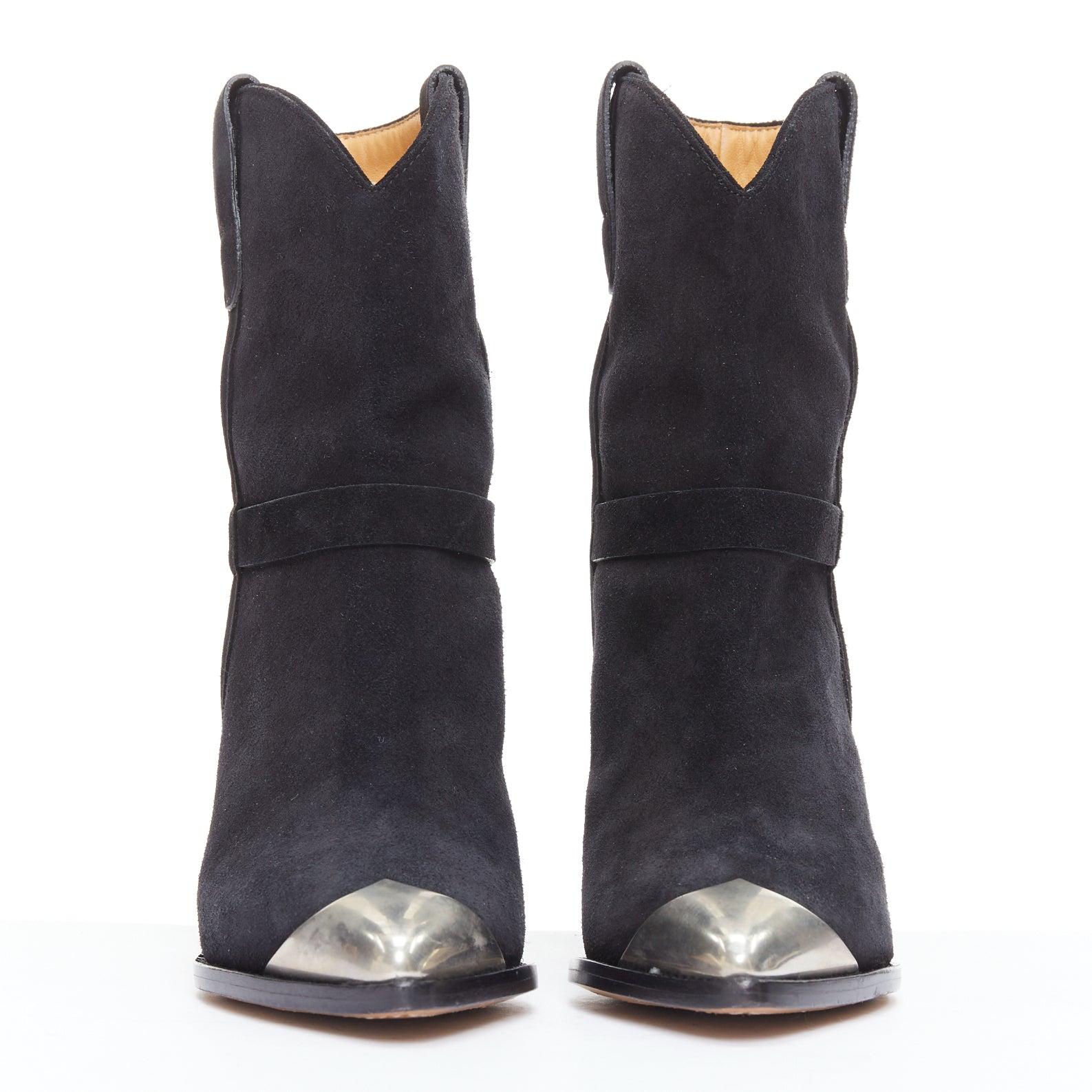 Black ISABEL MARANT Lamsy black suede leather silver cap toes ankles cone boots EU36 For Sale