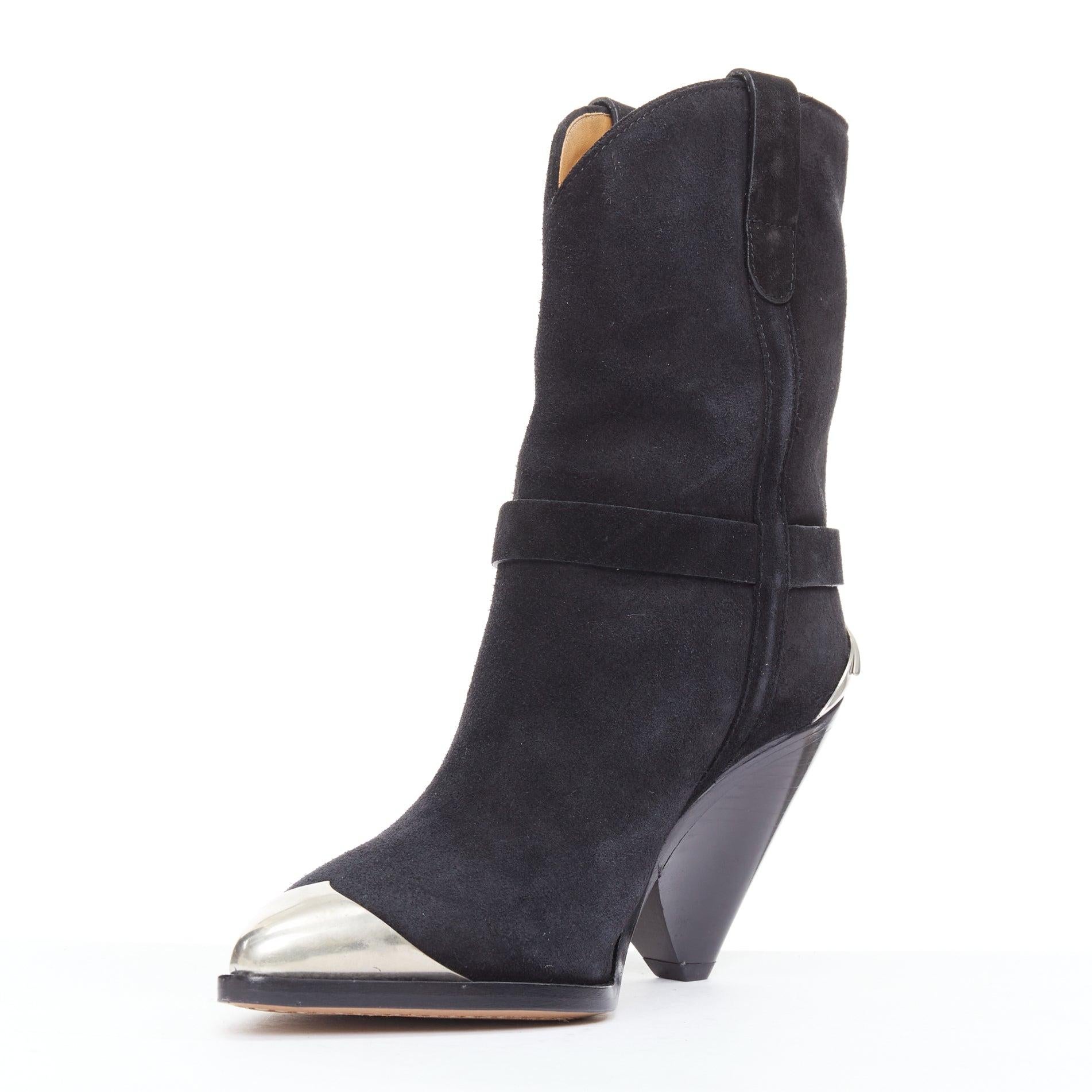 Women's ISABEL MARANT Lamsy black suede leather silver cap toes ankles cone boots EU36 For Sale