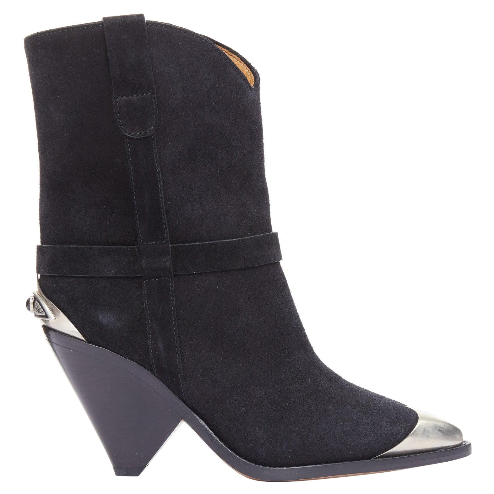 ISABEL MARANT Lamsy cuero ante negro plata puntera tobillos botas cono EU36
