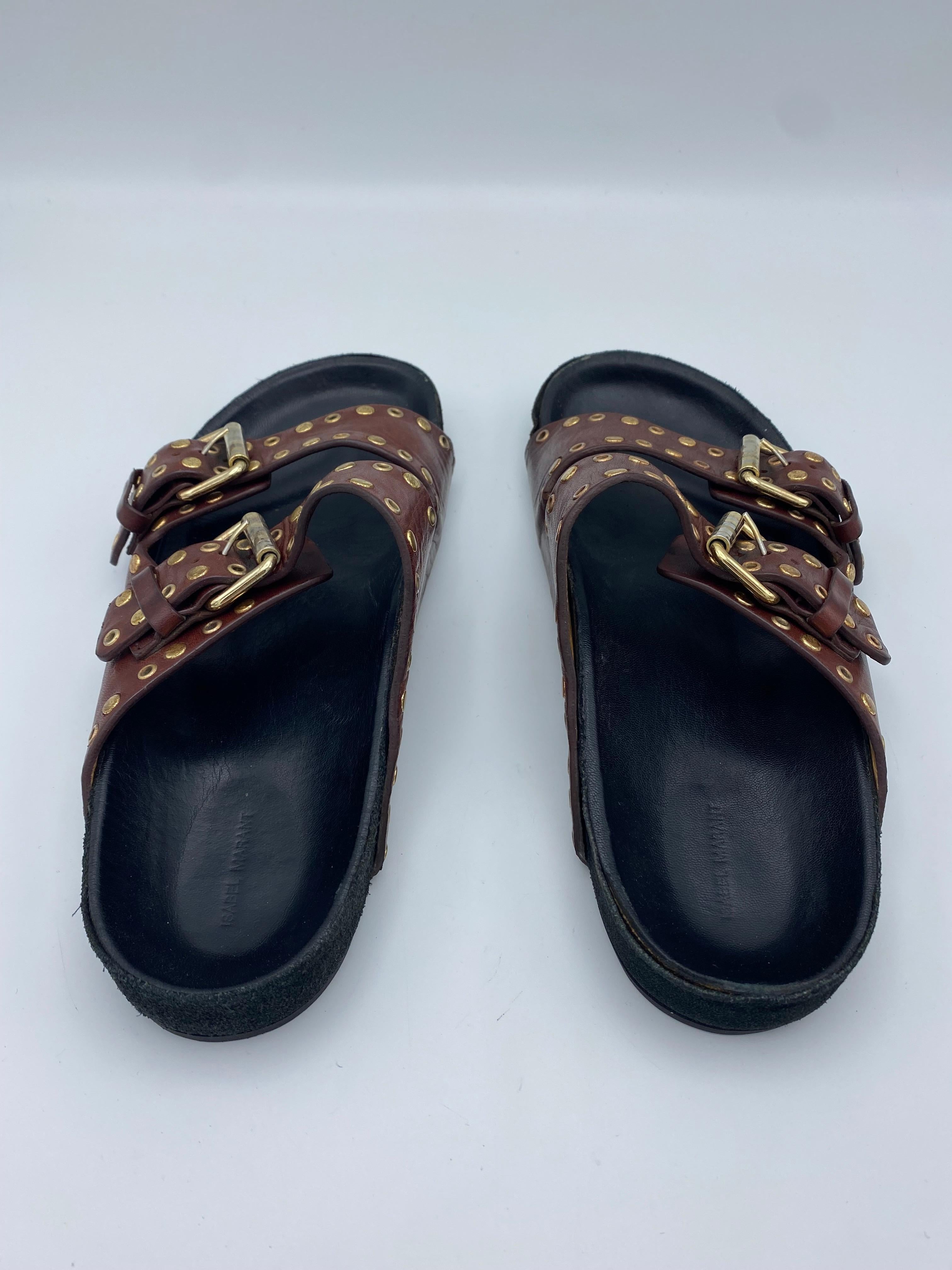 Isabel Marant Lennyo Grommet Leather Slides Sandals, Size  In Good Condition For Sale In Beverly Hills, CA