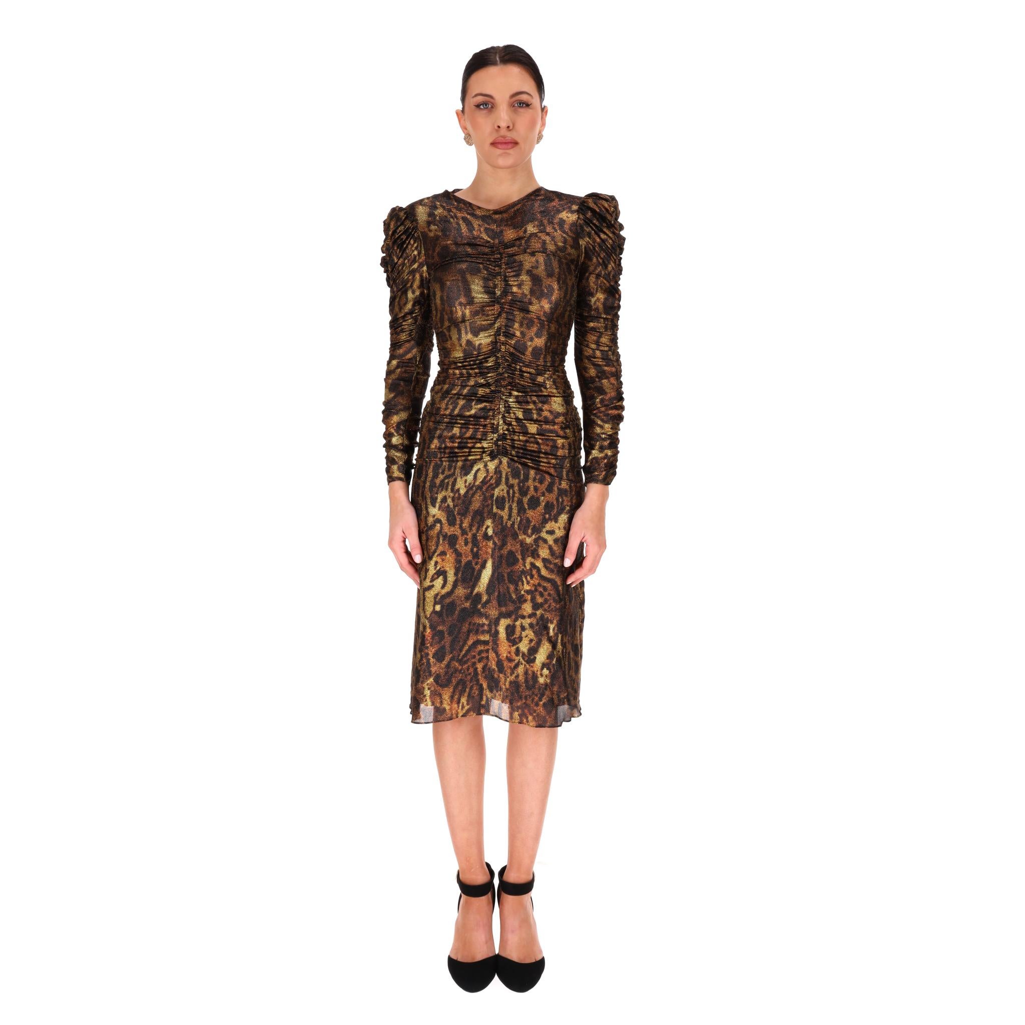Isabel Marant Leopard Print Silk Blend Ruched Dress

Brown midi 'Albini' dress crafted from silk blend in leopard print with a metallic sheen.

Featuring ruched detailing to the body and sleeves.

Styled with a round neckline and fitted