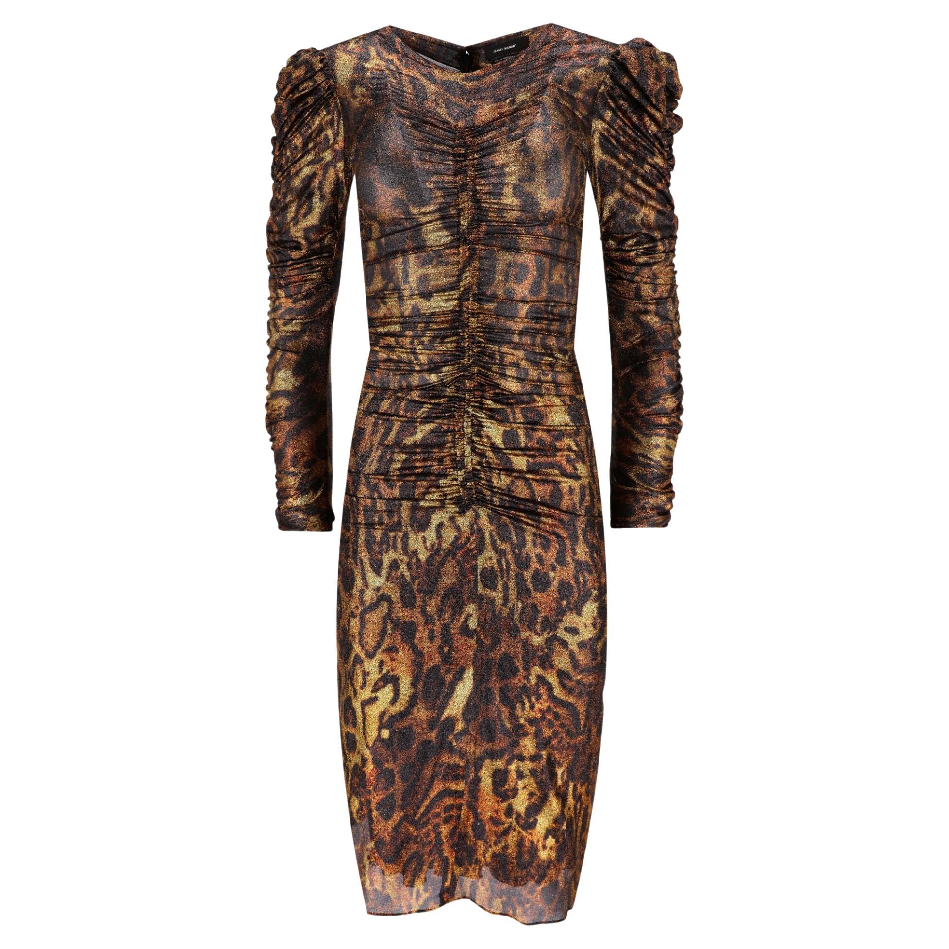 Isabel Marant Leopard Print Silk Blend Ruched Dress For Sale