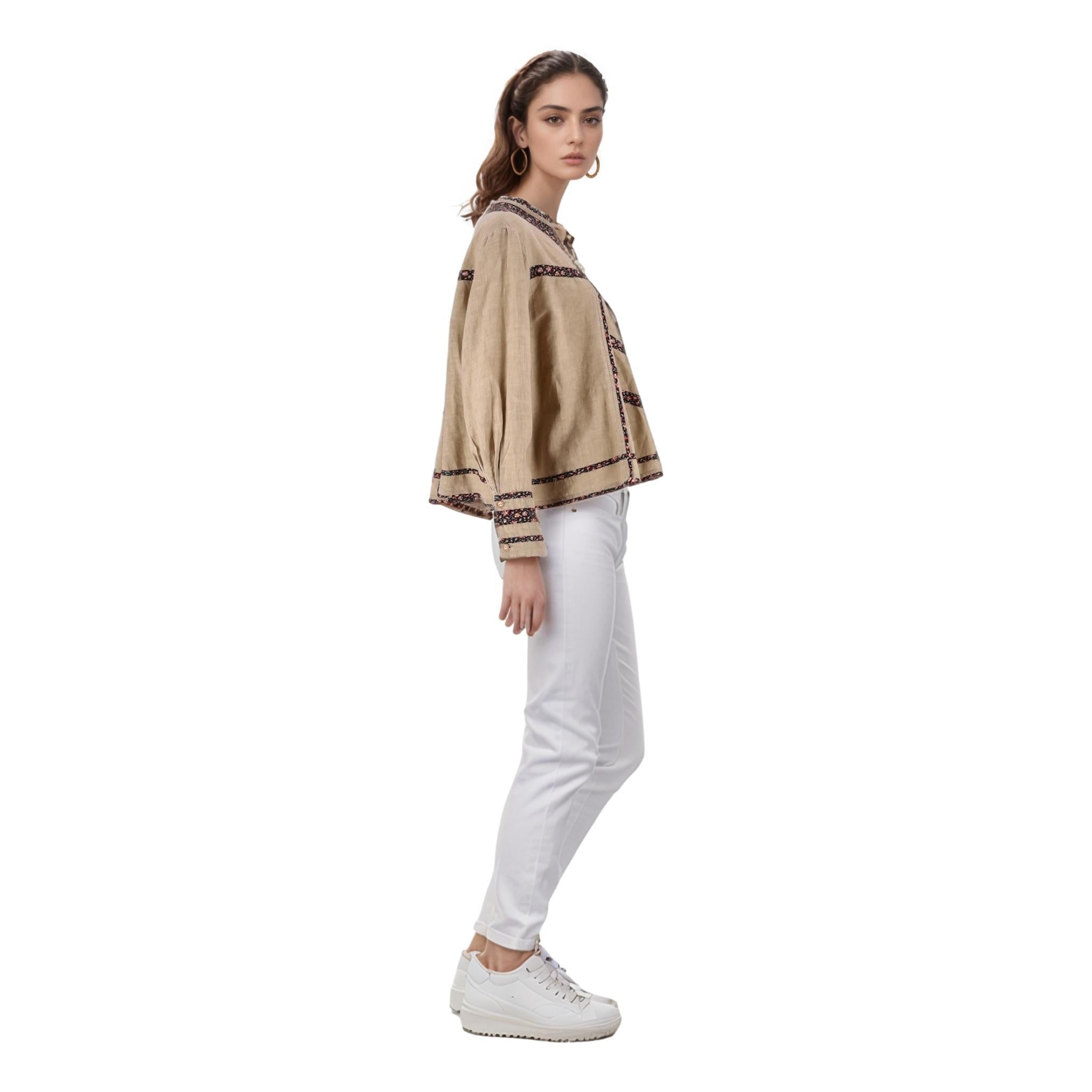 Marrone Top in lino Isabel Marant con finiture floreali in vendita