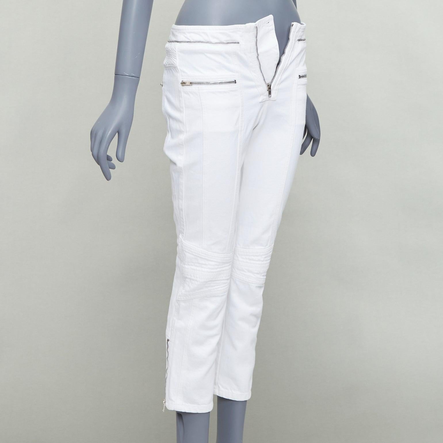 Gray ISABEL MARANT Loma white denim silver zip panelled biker jeans FR34 XS For Sale