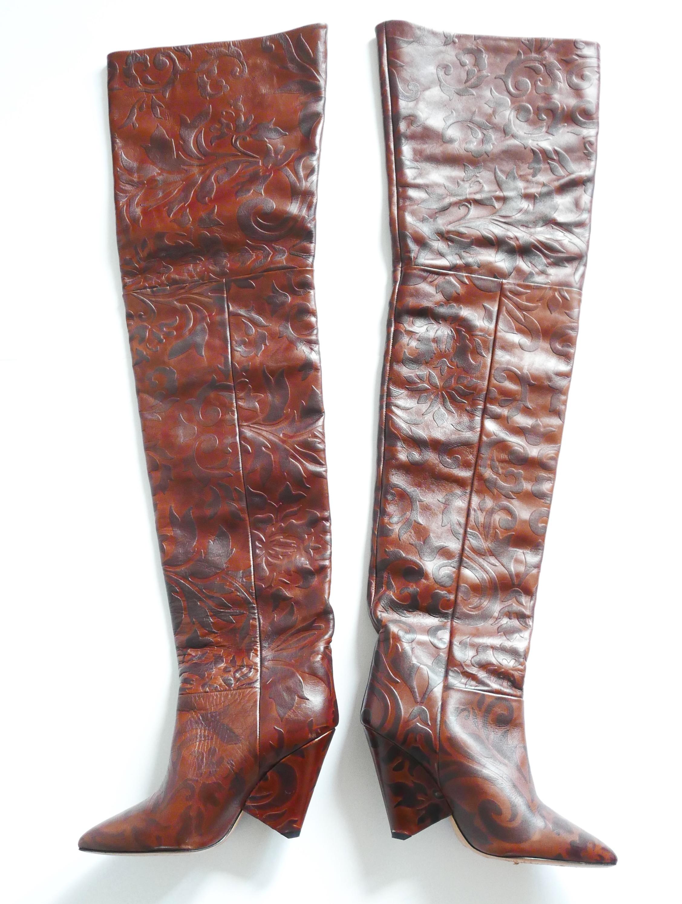 Women's Isabel Marant Lostynn AW17 Brown Embossed Leather Thigh High Boots For Sale
